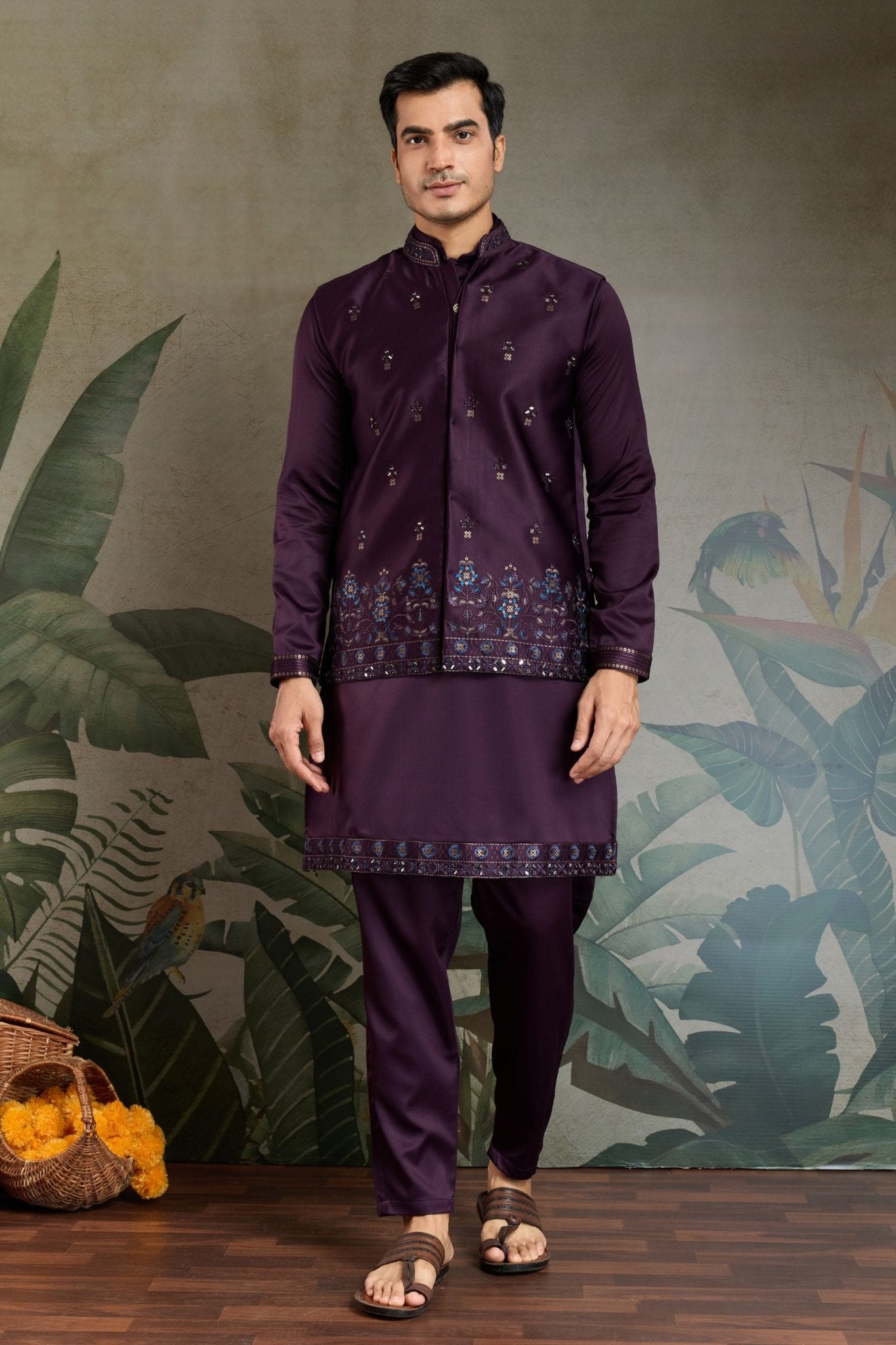 Men's Wine Mirror Embroidered Art Silk Kurta with Matching Pyjama - Mangaldeep NX