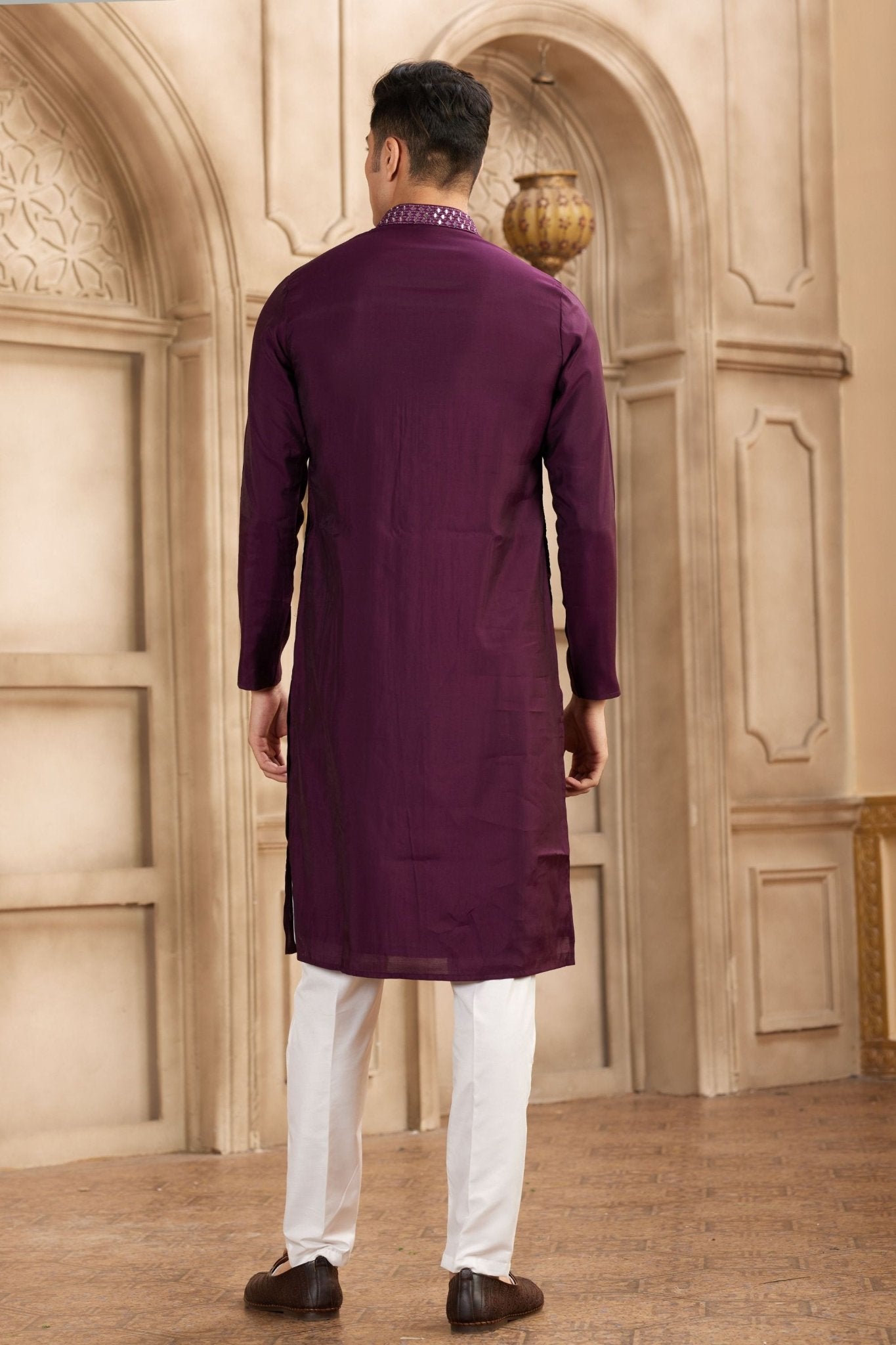 Men's Wine Mirror Embroidered Art Silk Kurta with Off - White Pyjama - Mangaldeep NX