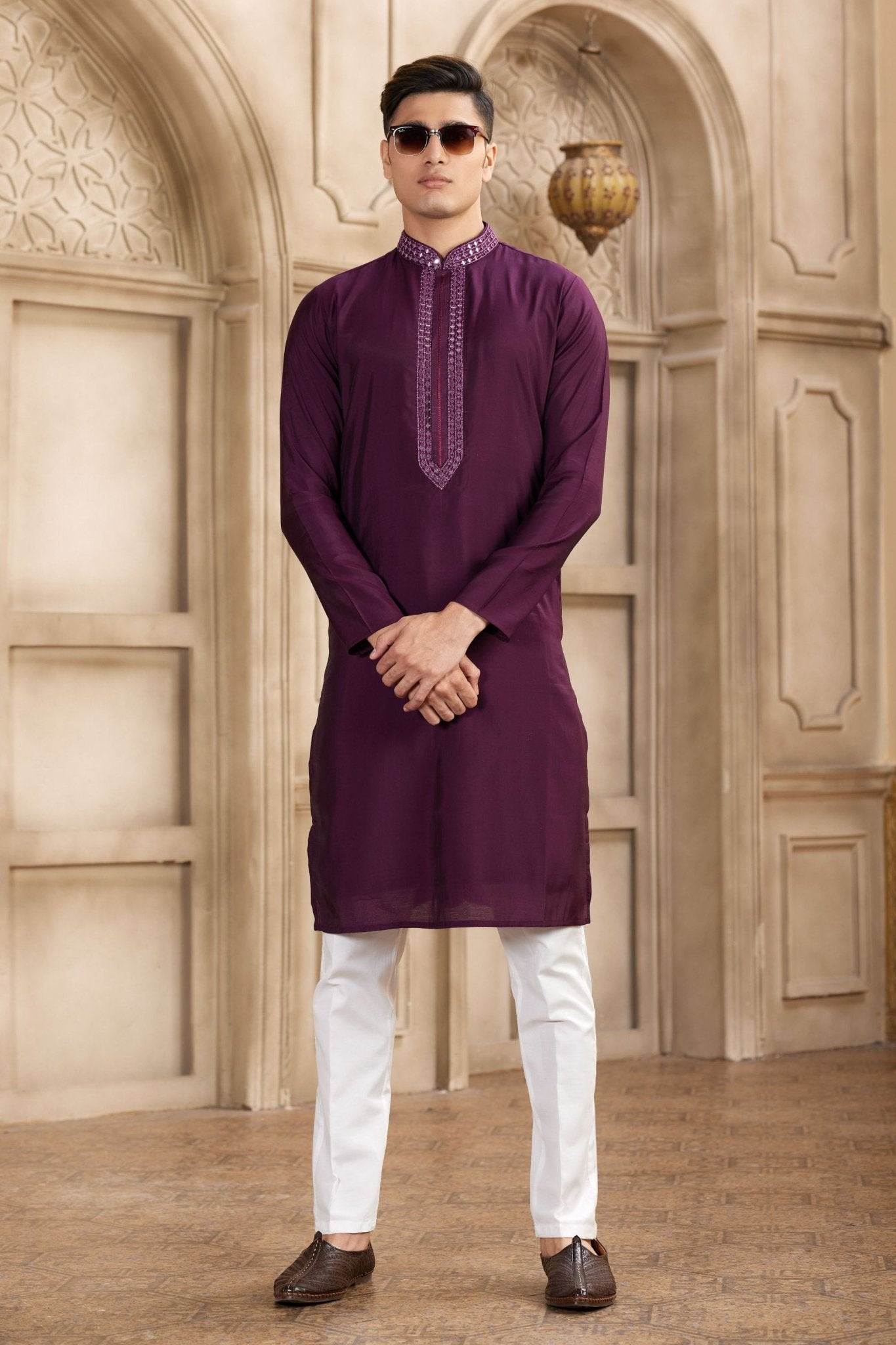 Men's Wine Mirror Embroidered Art Silk Kurta with Off - White Pyjama - Mangaldeep NX