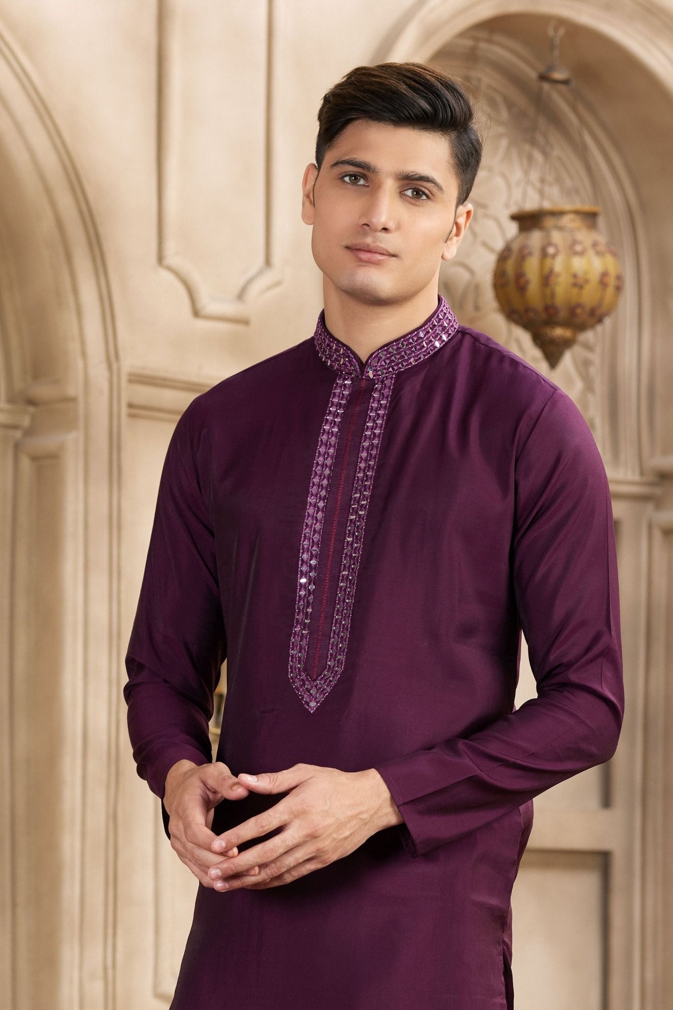 Men's Wine Mirror Embroidered Art Silk Kurta with Off - White Pyjama - Mangaldeep NX