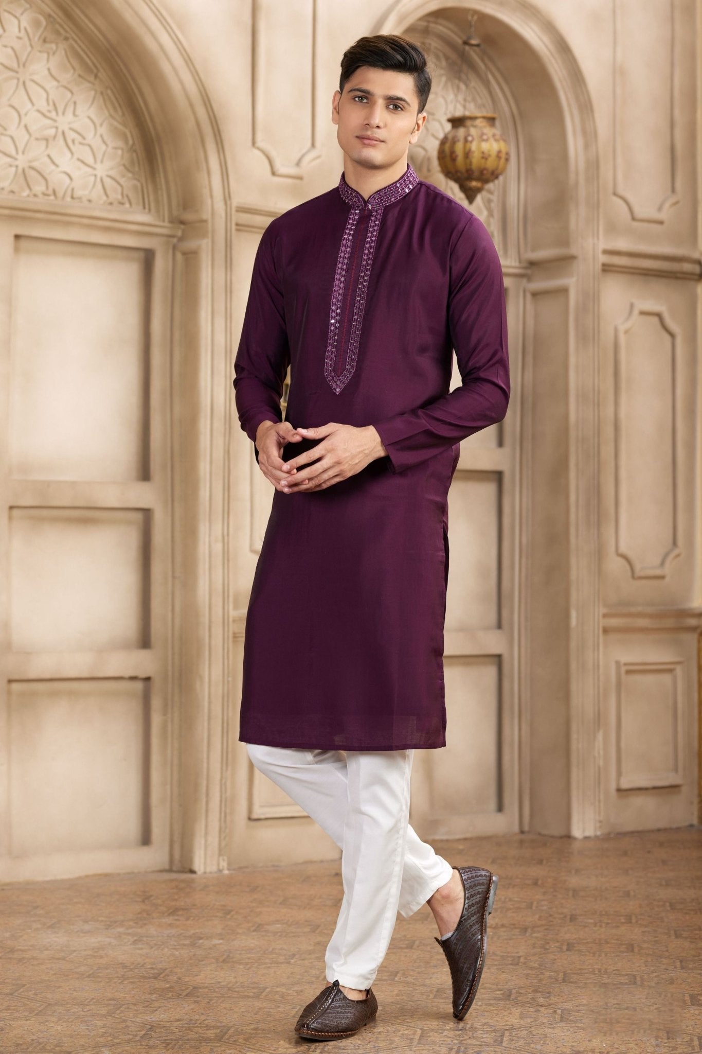 Men's Wine Mirror Embroidered Art Silk Kurta with Off - White Pyjama - Mangaldeep NX
