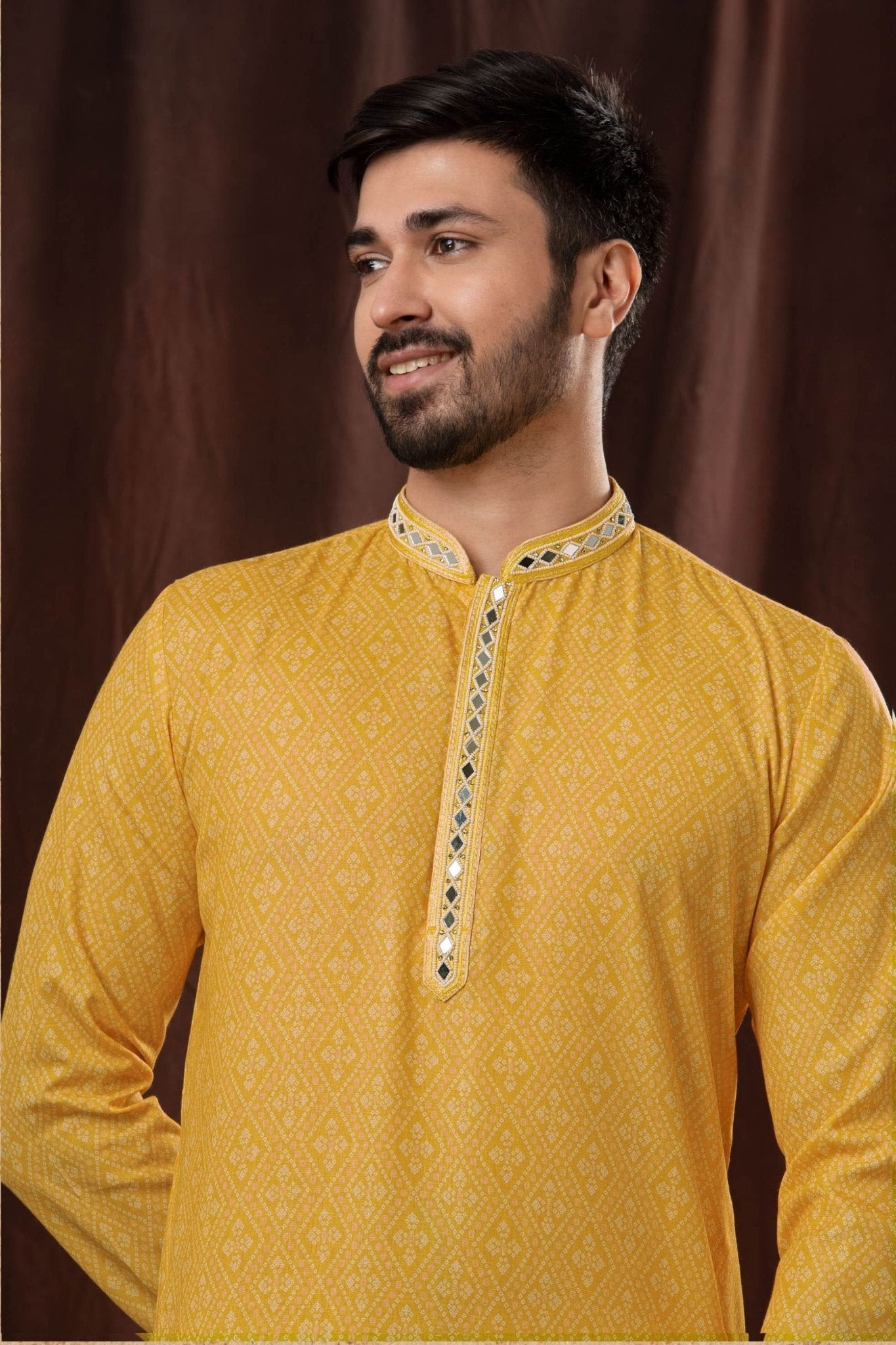 Men's Yellow Printed Art Silk Kurta Pyjama with Mirror Embroidered Placket - Mangaldeep NX