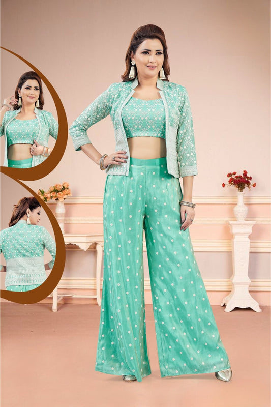 Mint Green Embroidered Palazzo Set Jacket - Mangaldeep NX