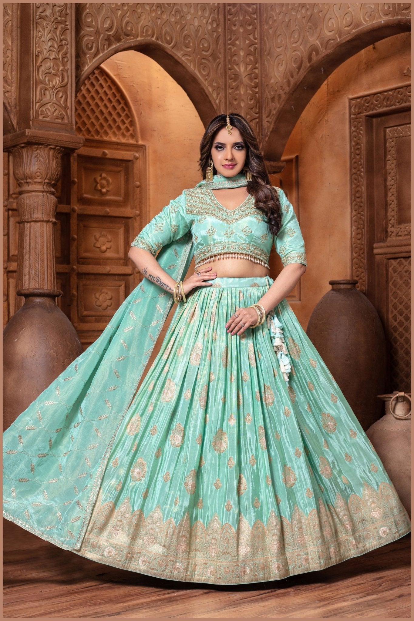 Mint Green Embroidered Silk Lehenga Choli with Dupatta - Mangaldeep NX