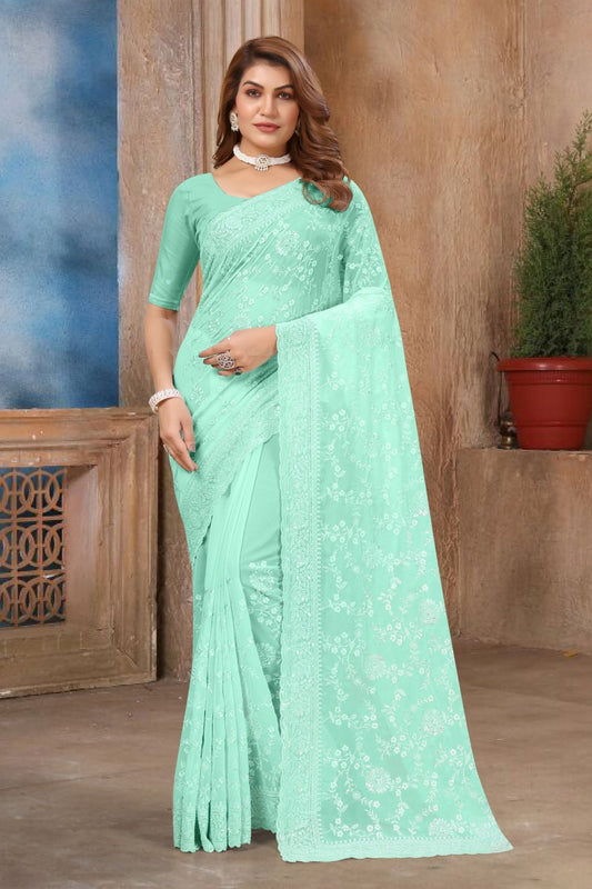 Mint Green Floral Embroidered Net Saree with Matching Blouse Piece - Mangaldeep NX
