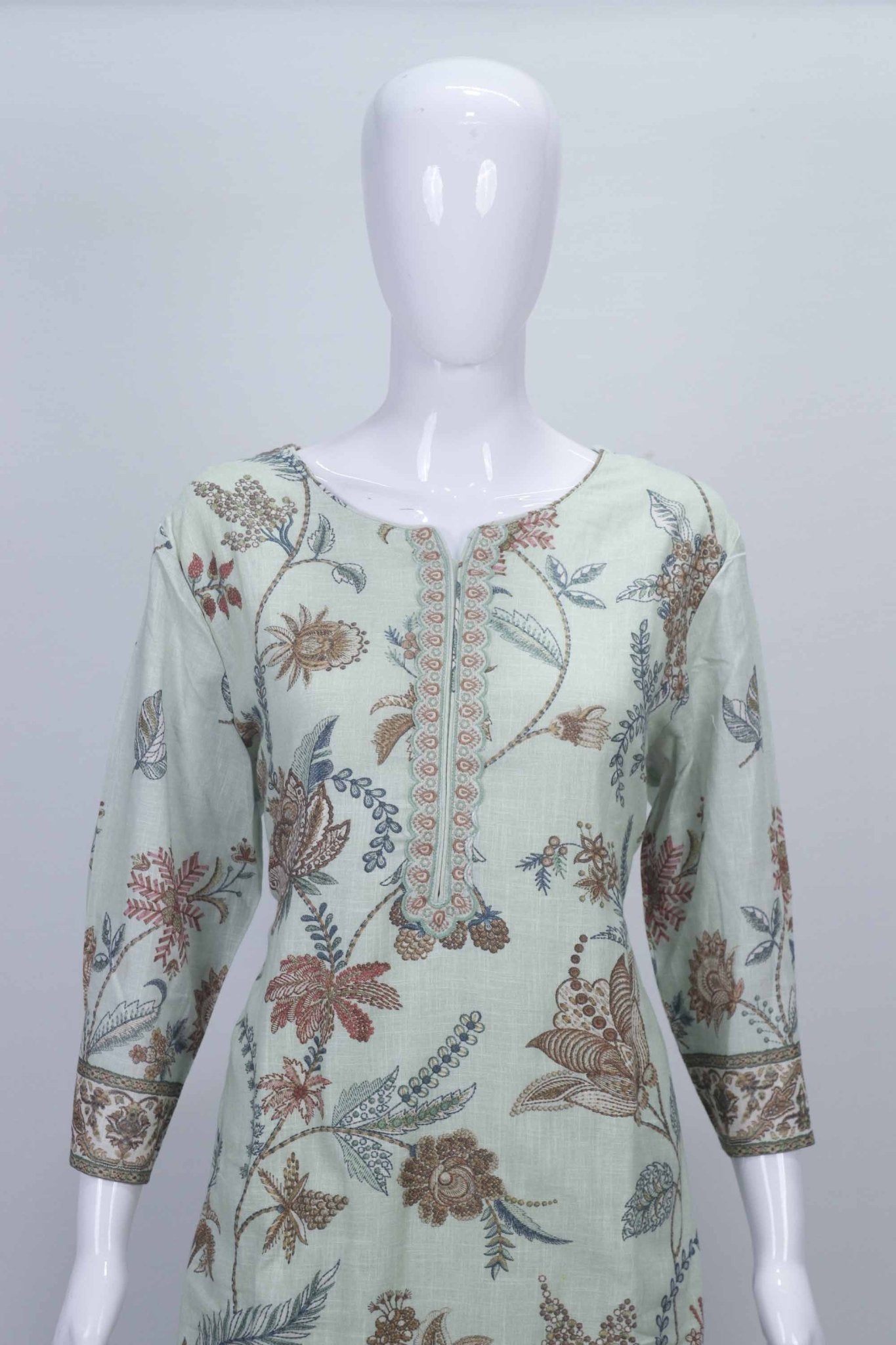 Mint Green Floral Printed Cotton Straight Suit Set with Embroidered Dupatta - Mangaldeep NX