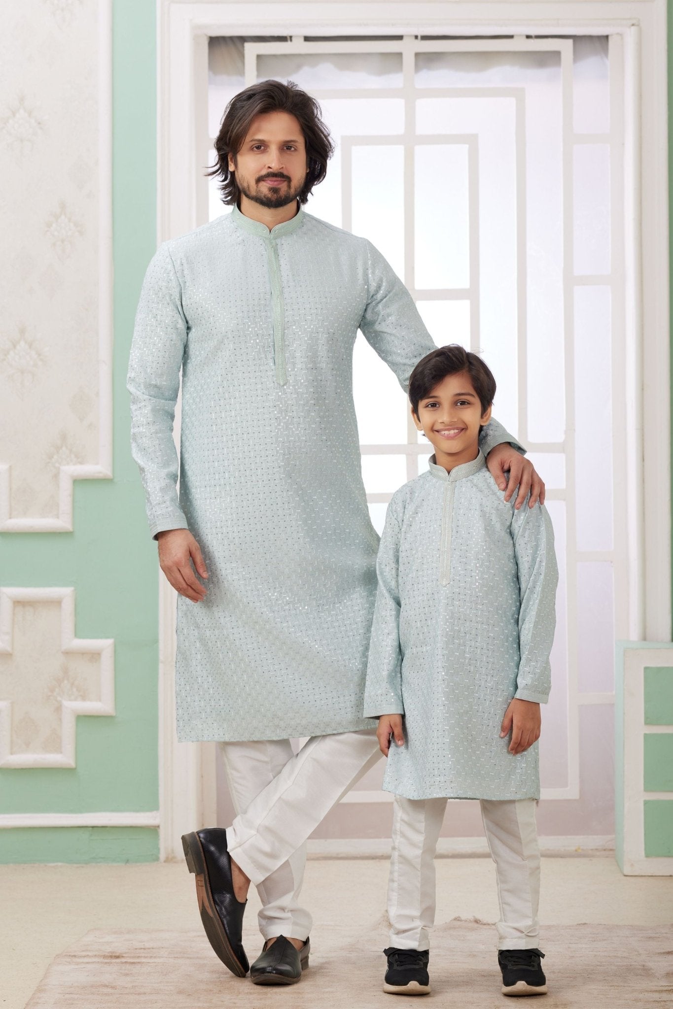 Mint Green Mirror Embroidered Kurta Pajama Set for Father and Son - Mangaldeep NX
