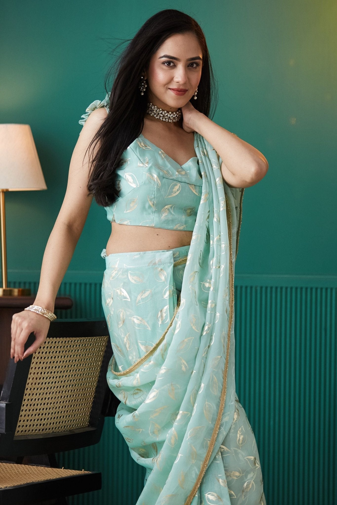 Mint Green Organza Saree with Gold Leaf Print and Sequin Border - Mangaldeep NX