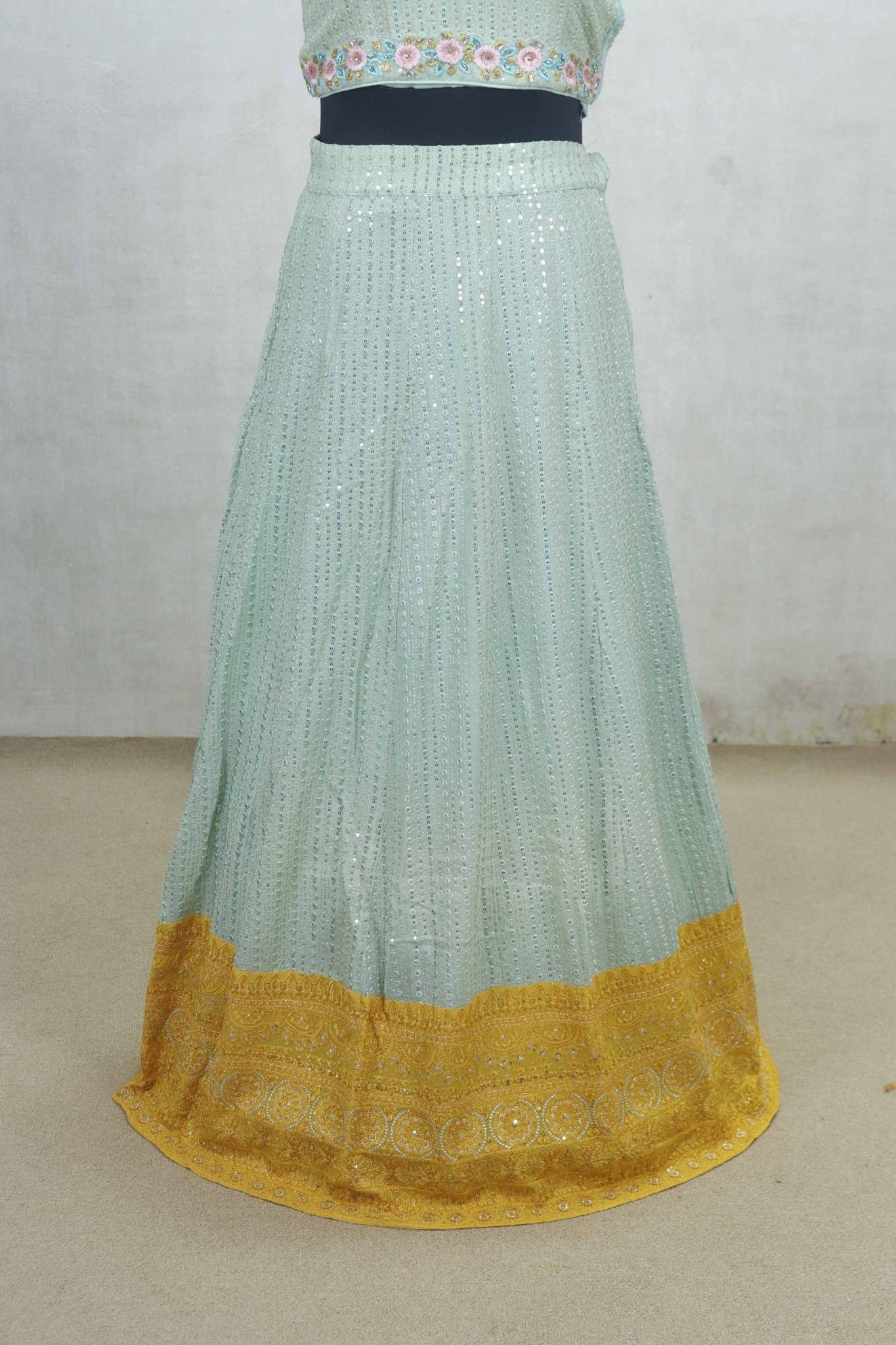 Mint Green Sequin Embroidered Lehenga Choli with Yellow Dupatta - Mangaldeep NX