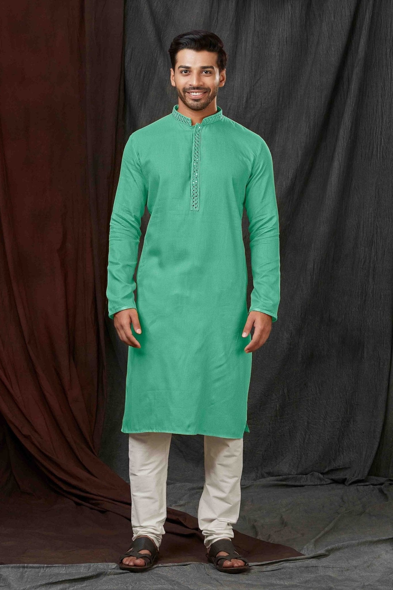 Mint Green Textured Cotton Kurta for Men with Off - White Pyjama - Mangaldeep NX