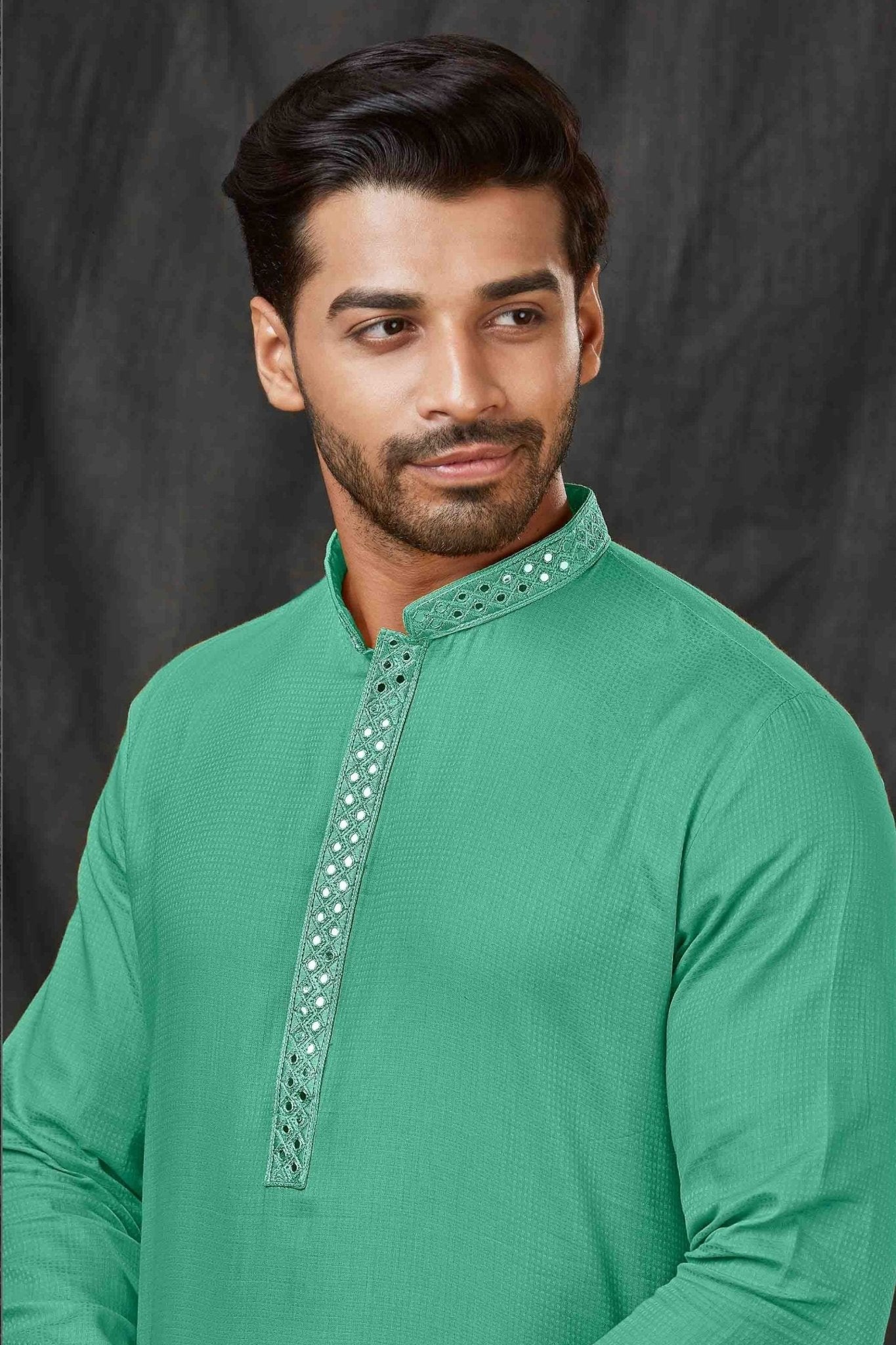 Mint Green Textured Cotton Kurta for Men with Off - White Pyjama - Mangaldeep NX