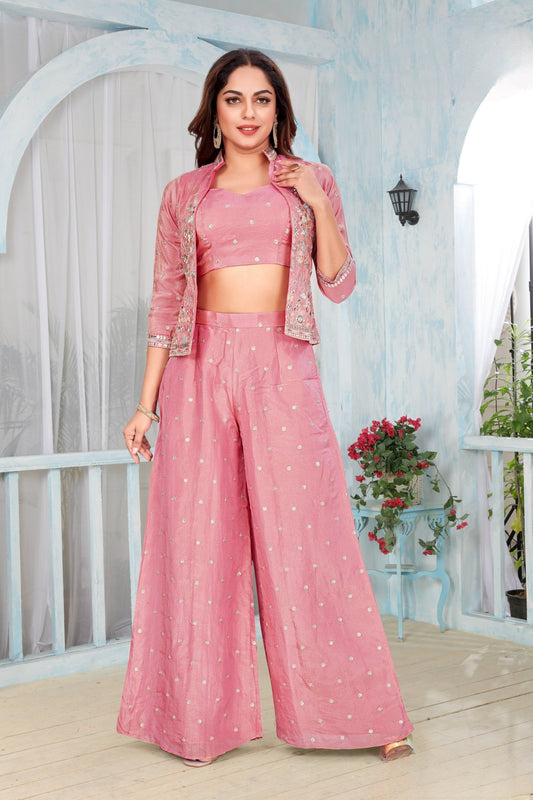 Modern Pink Crop Top Palazzo Set with Embroidered Jacket - Mangaldeep NX