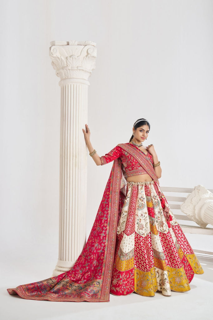 Multi - Color Embroidered Lehenga Choli with Red Dupatta - Mangaldeep NX