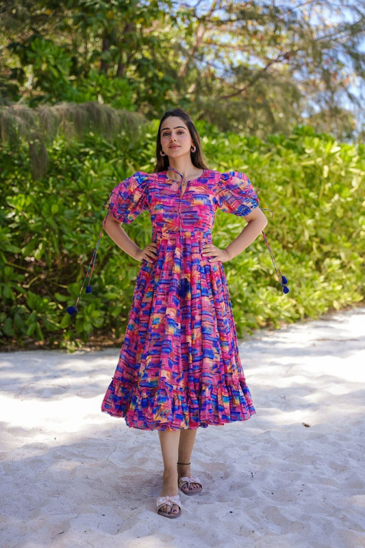 Multicolor Abstract Printed Cotton Anarkali Dress with Puff Sleeves and Tassel Tie - Up - Mangaldeep NX