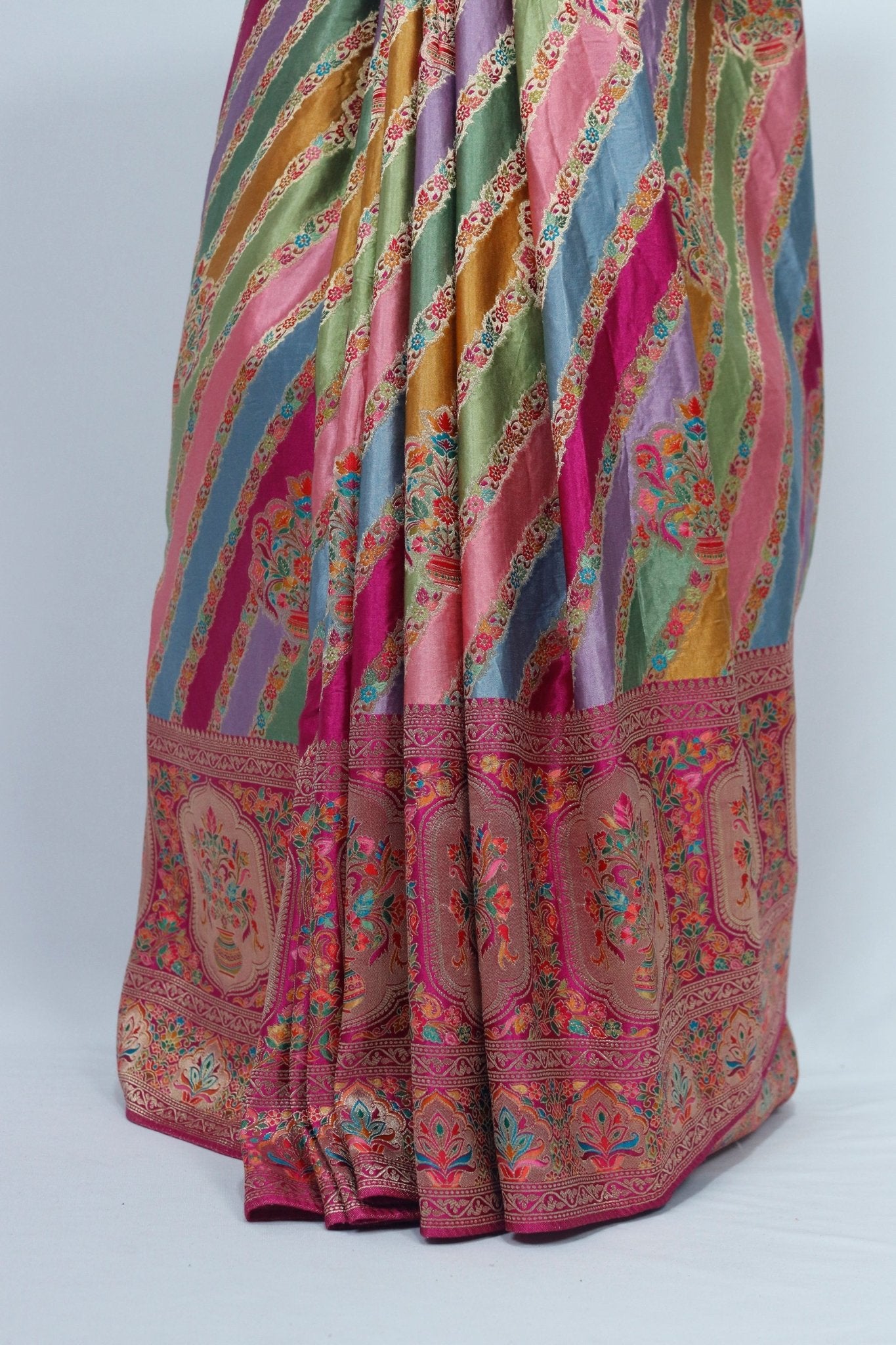 Multicolor Banarasi Silk Saree with Pink Zari Woven – Festive & Wedding Wear - Mangaldeep NX