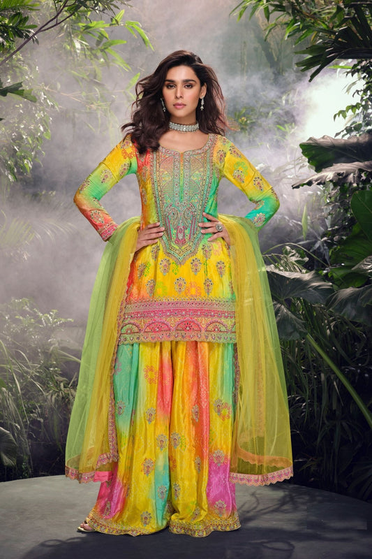 Multicolor Bandhani Printed Embroidered Sharara Set with Net Dupatta for Women - Mangaldeep NX