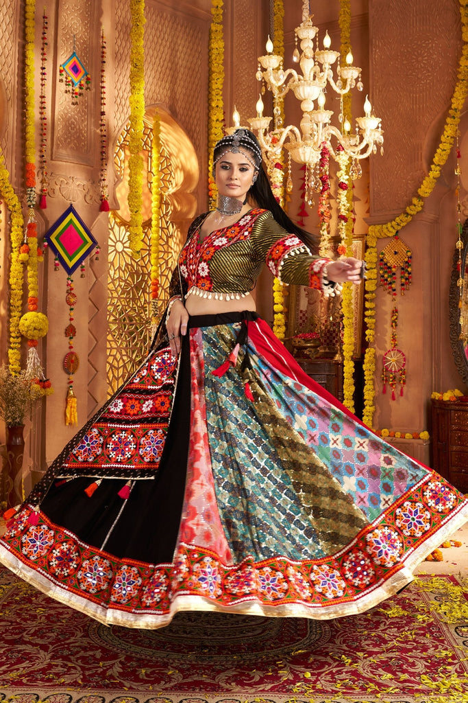 Multicolor Patchwork Navratri Lehenga Choli Set with Black Bandhani Dupatta - Mangaldeep NX