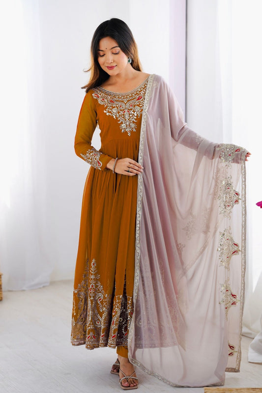 Mustard Anarkali Suit with Heavy Embroidery and Grey Net Dupatta - Mangaldeep NX