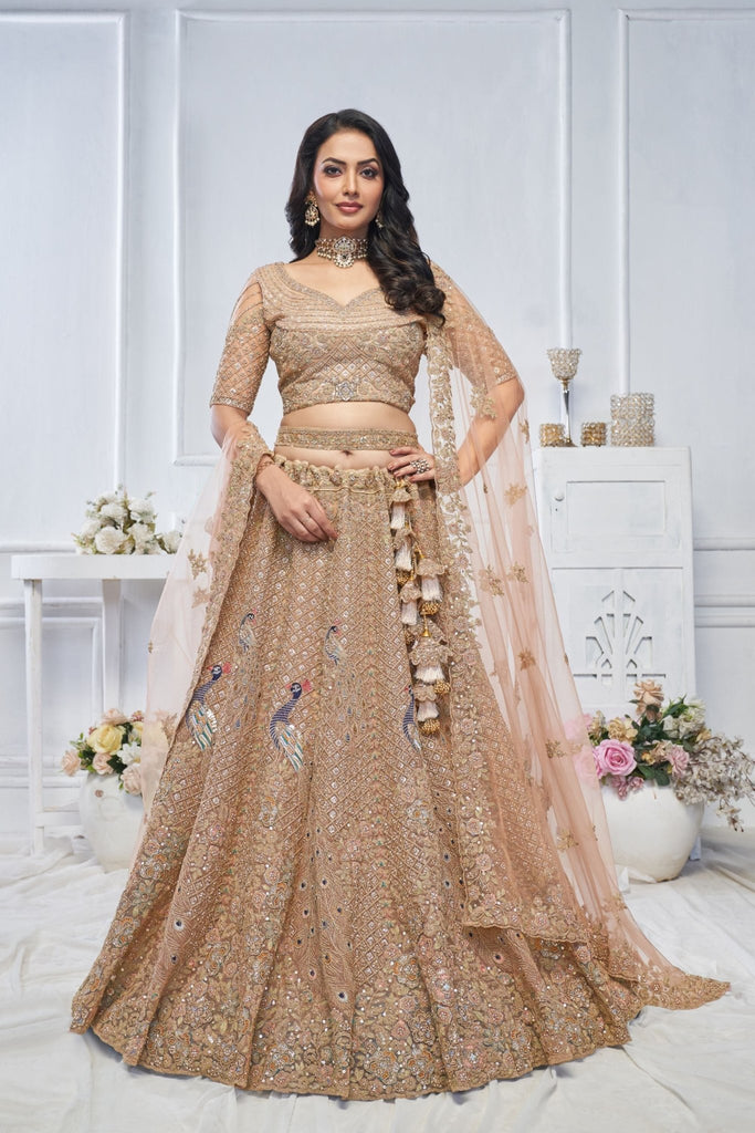 Mustard Embroidered Net Lehenga Choli with Peacock Motifs and Sequin Dupatta - Mangaldeep NX