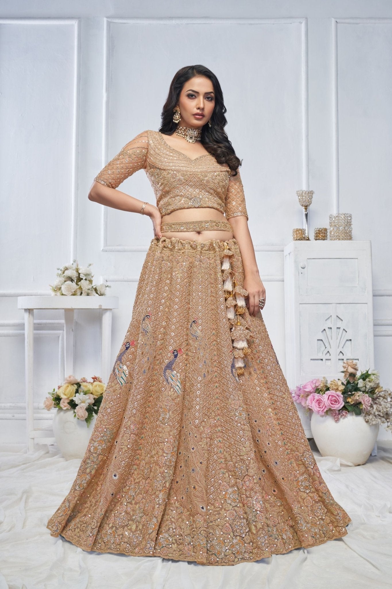 Mustard Embroidered Net Lehenga Choli with Peacock Motifs and Sequin Dupatta - Mangaldeep NX