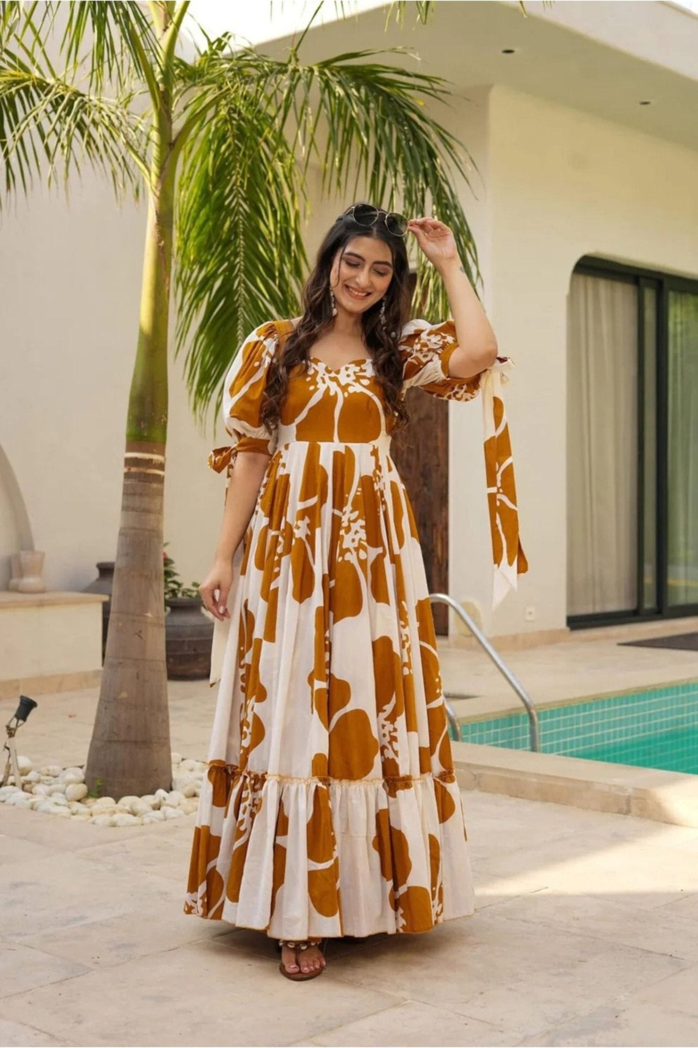 Mustard Floral Floral Floor Length Kurti with Puff Sleeves - Mangaldeep NX