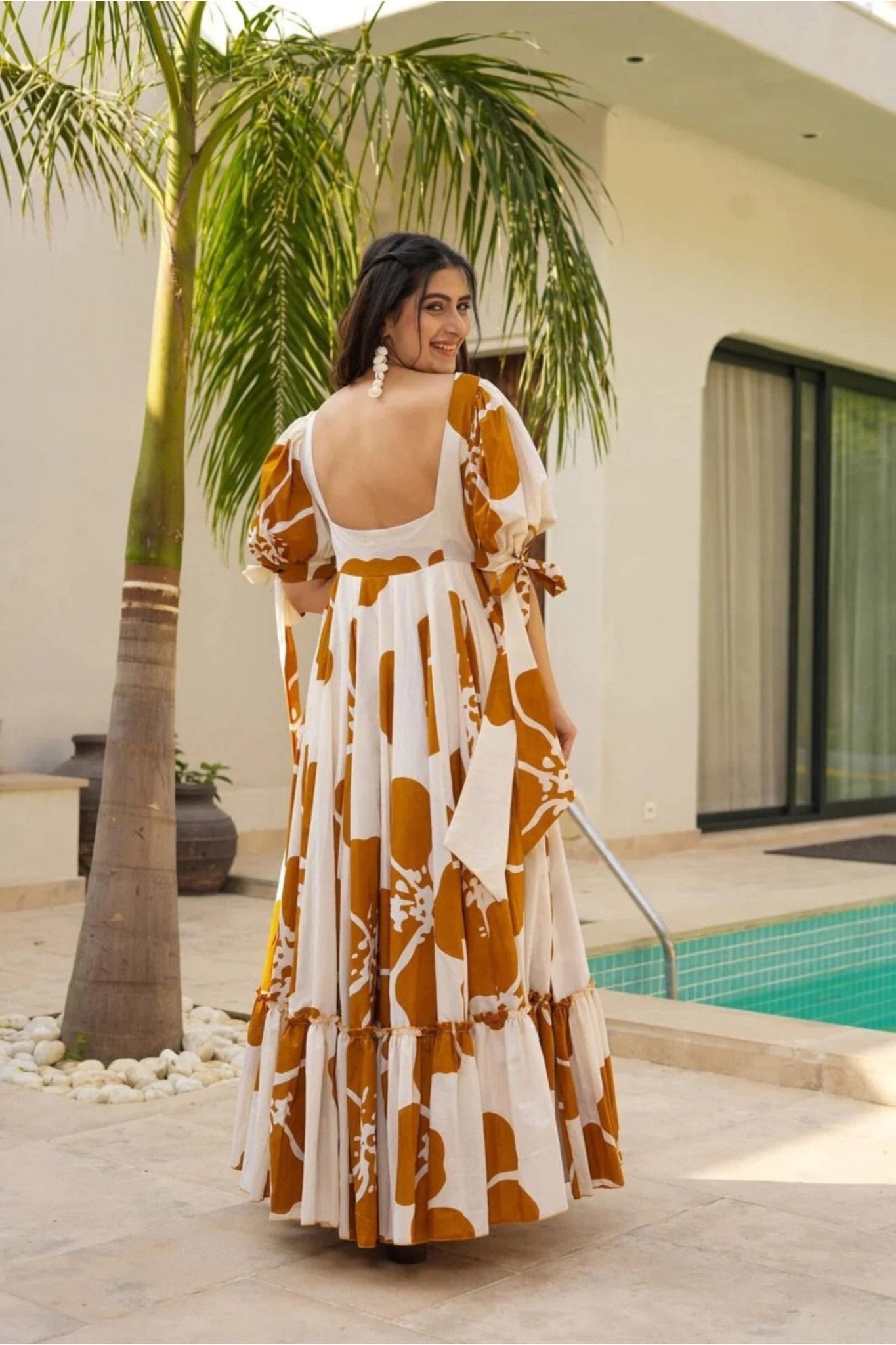 Mustard Floral Floral Floor Length Kurti with Puff Sleeves - Mangaldeep NX