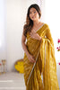 Mustard Yellow and Gold Checkered Chiffon Saree with Pearl Lace Border - Mangaldeep NX