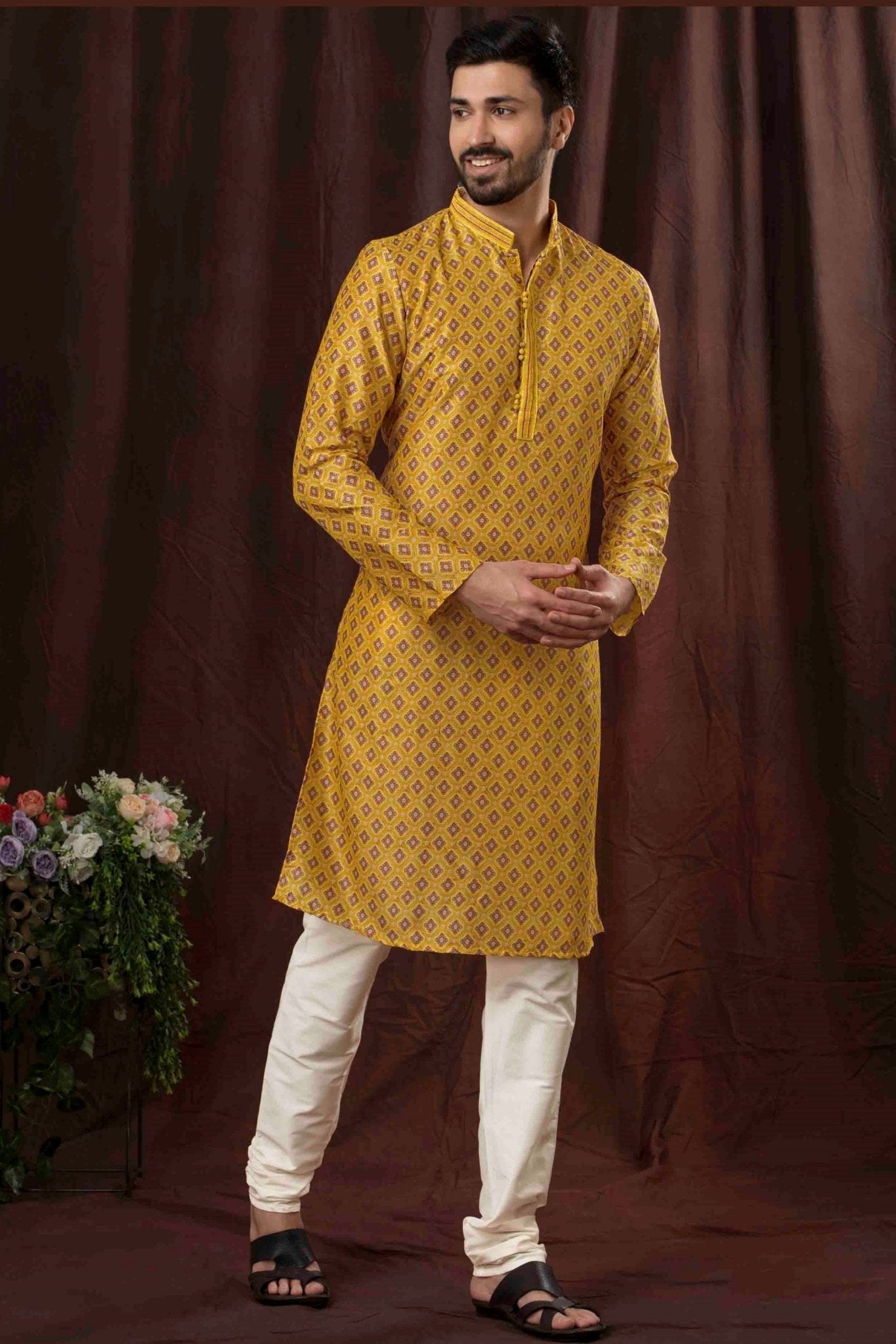 Mustard Yellow Art Silk Kurta Pyjama Set for Men with Brocade Weave and Geometric Motifs - Mangaldeep NX