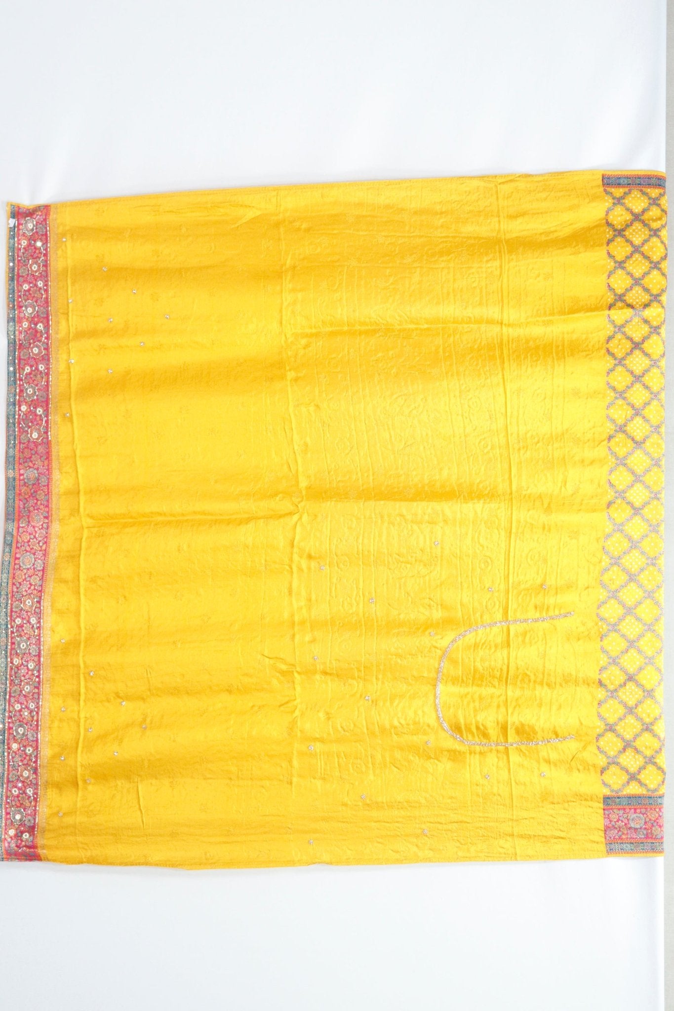 Mustard Yellow Bandhani Banarasi Silk Saree Pallu and Red Zari Border - Mangaldeep NX