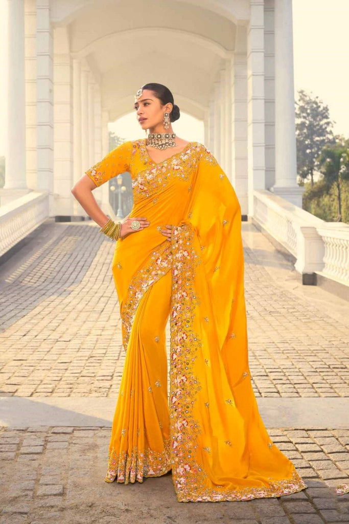 Mustard Yellow Designer Georgette Saree with Floral Embroidery - Mangaldeep NX