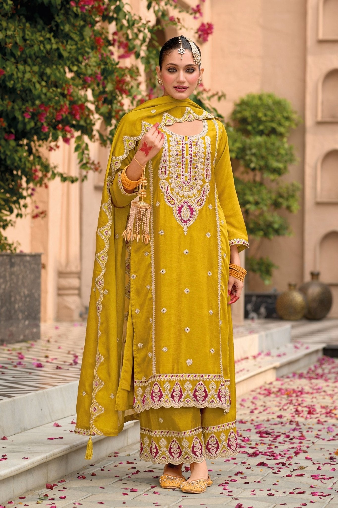 Mustard Yellow Embroidered Chinon Silk Salwar Suit - Mangaldeep NX