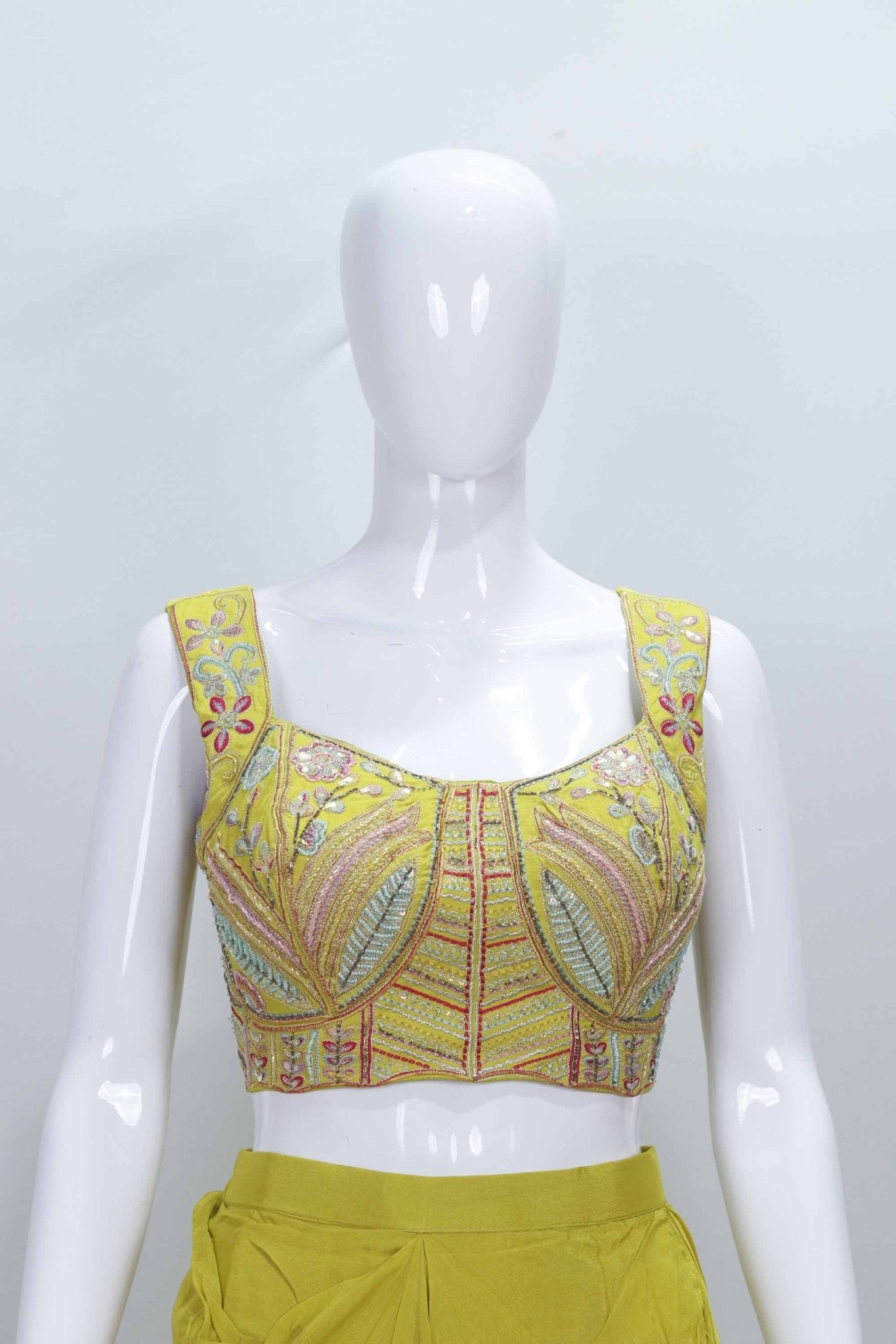 Mustard Yellow Embroidered Crop Top with Layered Shrug and Flared Palazzo Pants Set - Mangaldeep NX