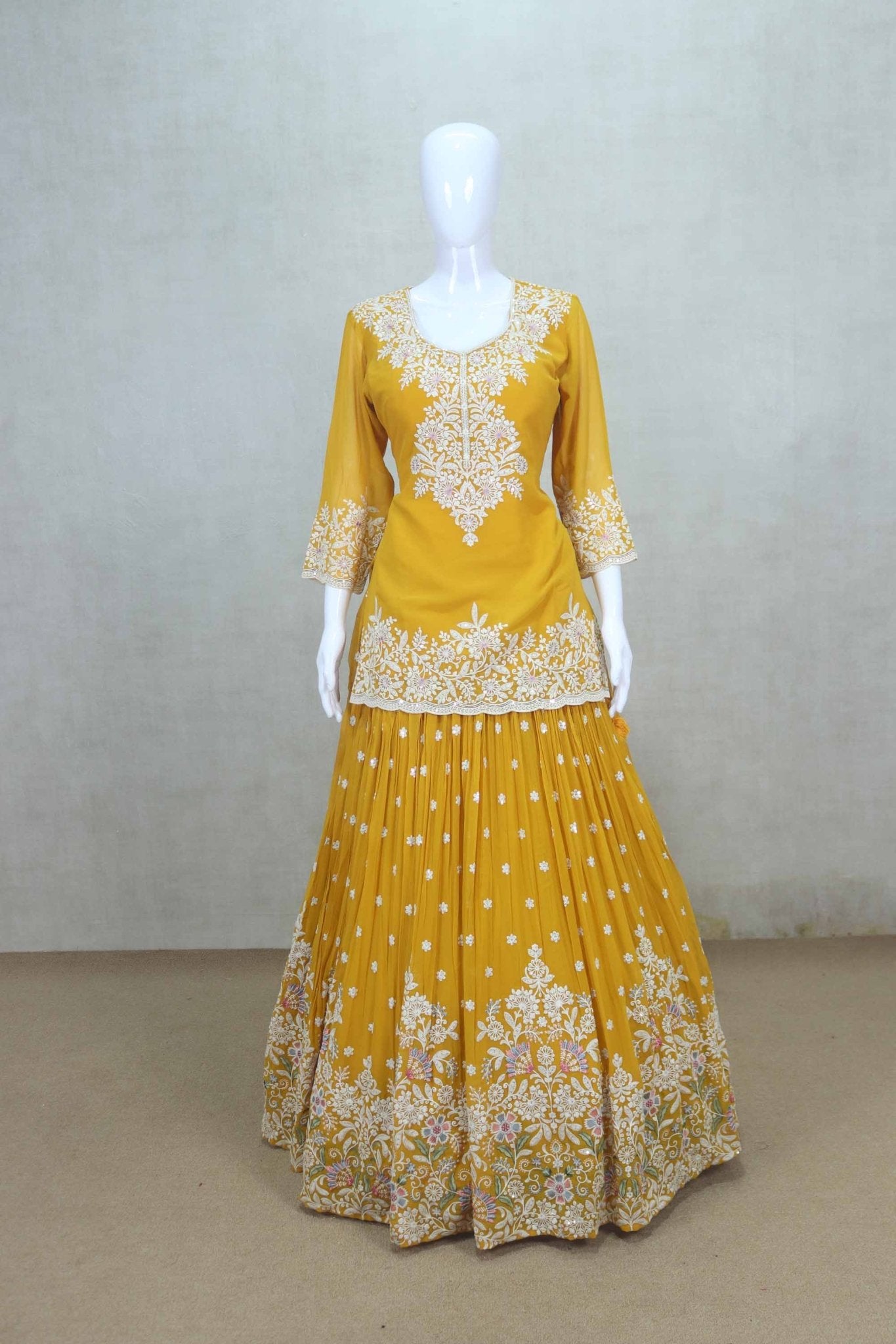 Mustard Yellow Embroidered Georgette Lehenga Choli Set with Dupatta - Mangaldeep NX