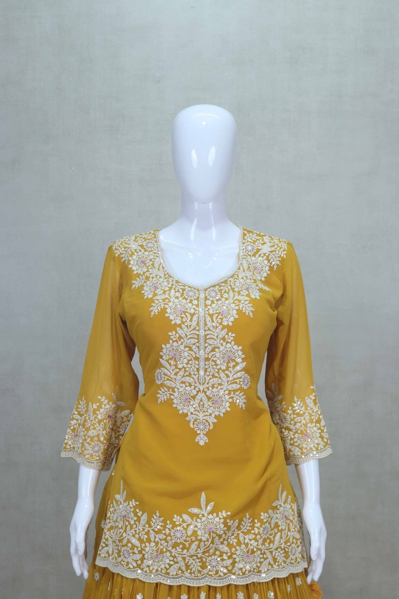 Mustard Yellow Embroidered Georgette Lehenga Choli Set with Dupatta - Mangaldeep NX