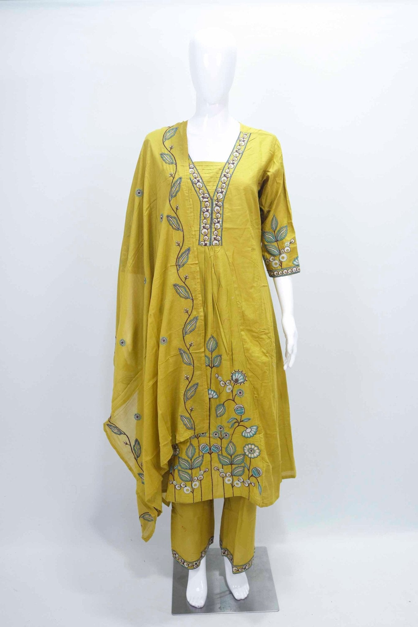Mustard Yellow Embroidered Kurta Set with Floral Motifs and Mirror Work Dupatta for Women - Mangaldeep NX