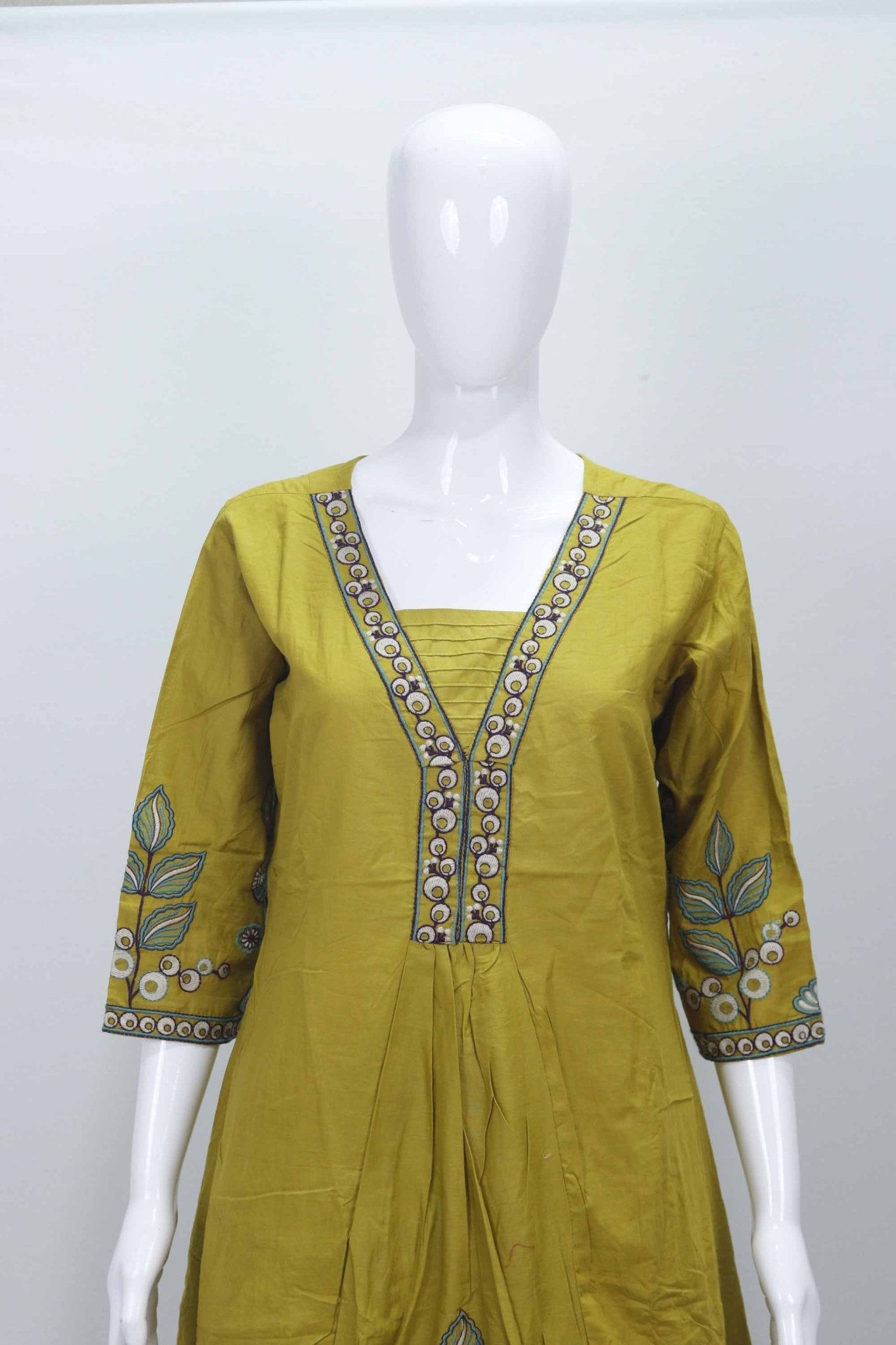 Mustard Yellow Embroidered Kurta Set with Floral Motifs and Mirror Work Dupatta for Women - Mangaldeep NX