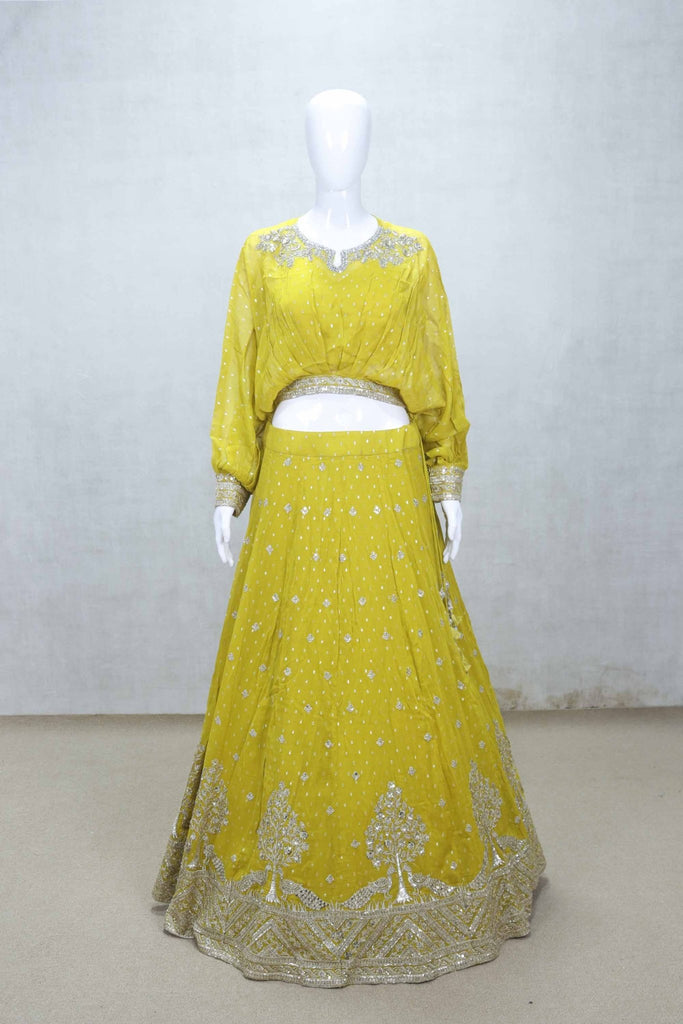 Mustard Yellow Embroidered Lehenga Choli with Mirror Work and Tree Motif Zari Border - Mangaldeep NX