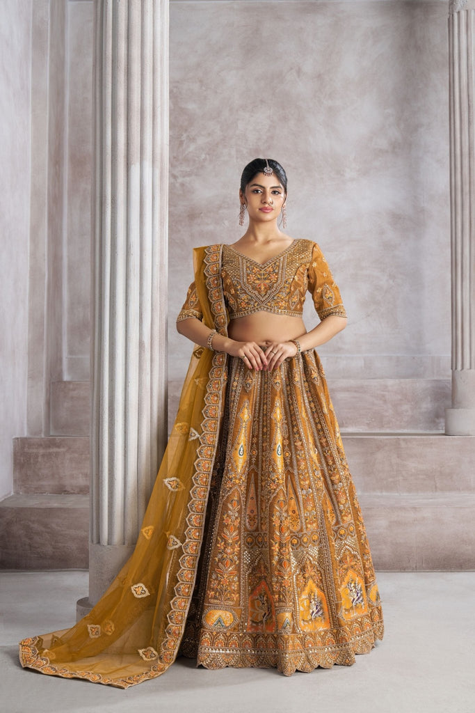 Mustard Yellow Embroidered Silk Lehenga Choli with Matching Net Dupatta - Mangaldeep NX
