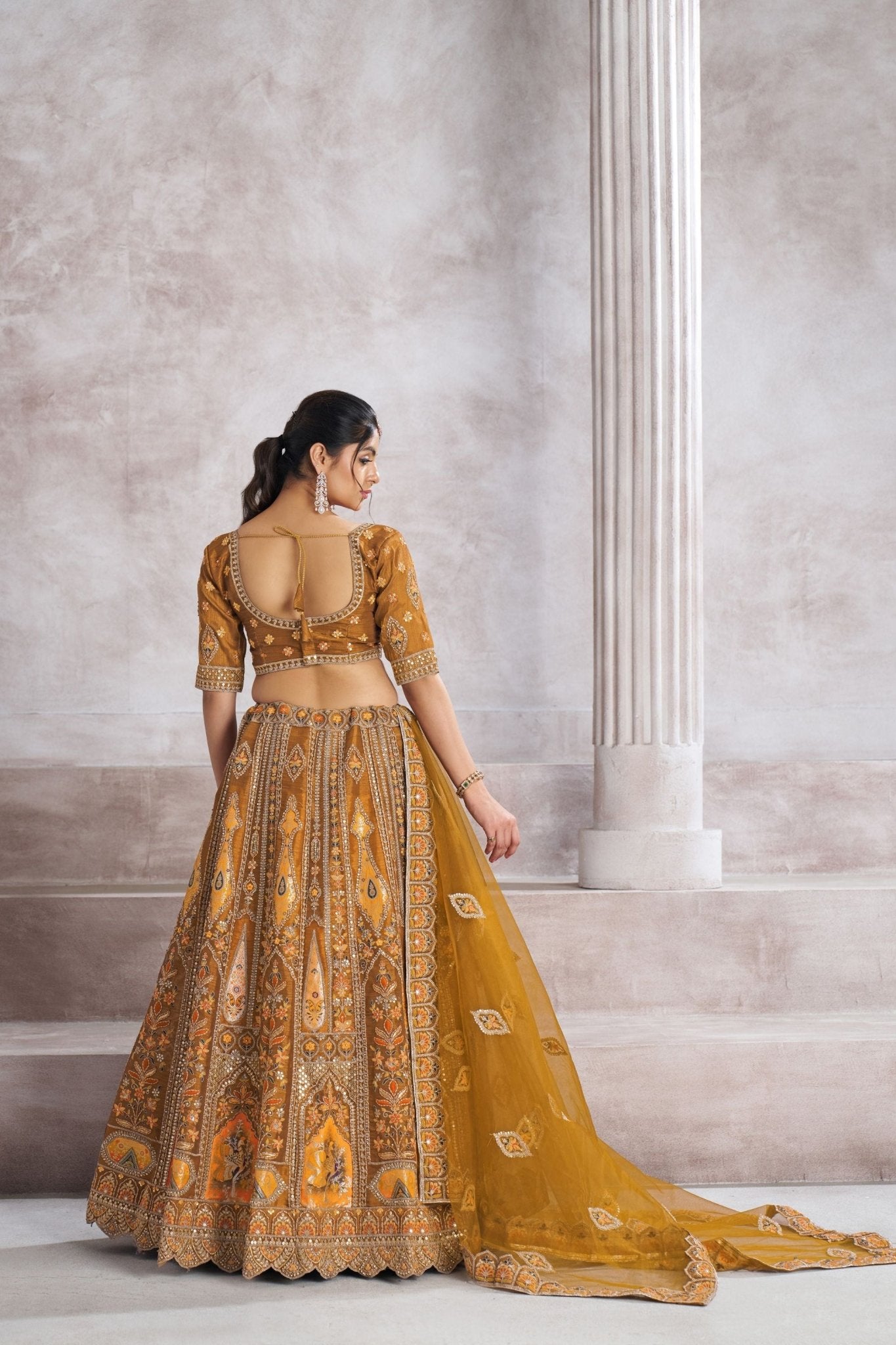 Mustard Yellow Embroidered Silk Lehenga Choli with Matching Net Dupatta - Mangaldeep NX