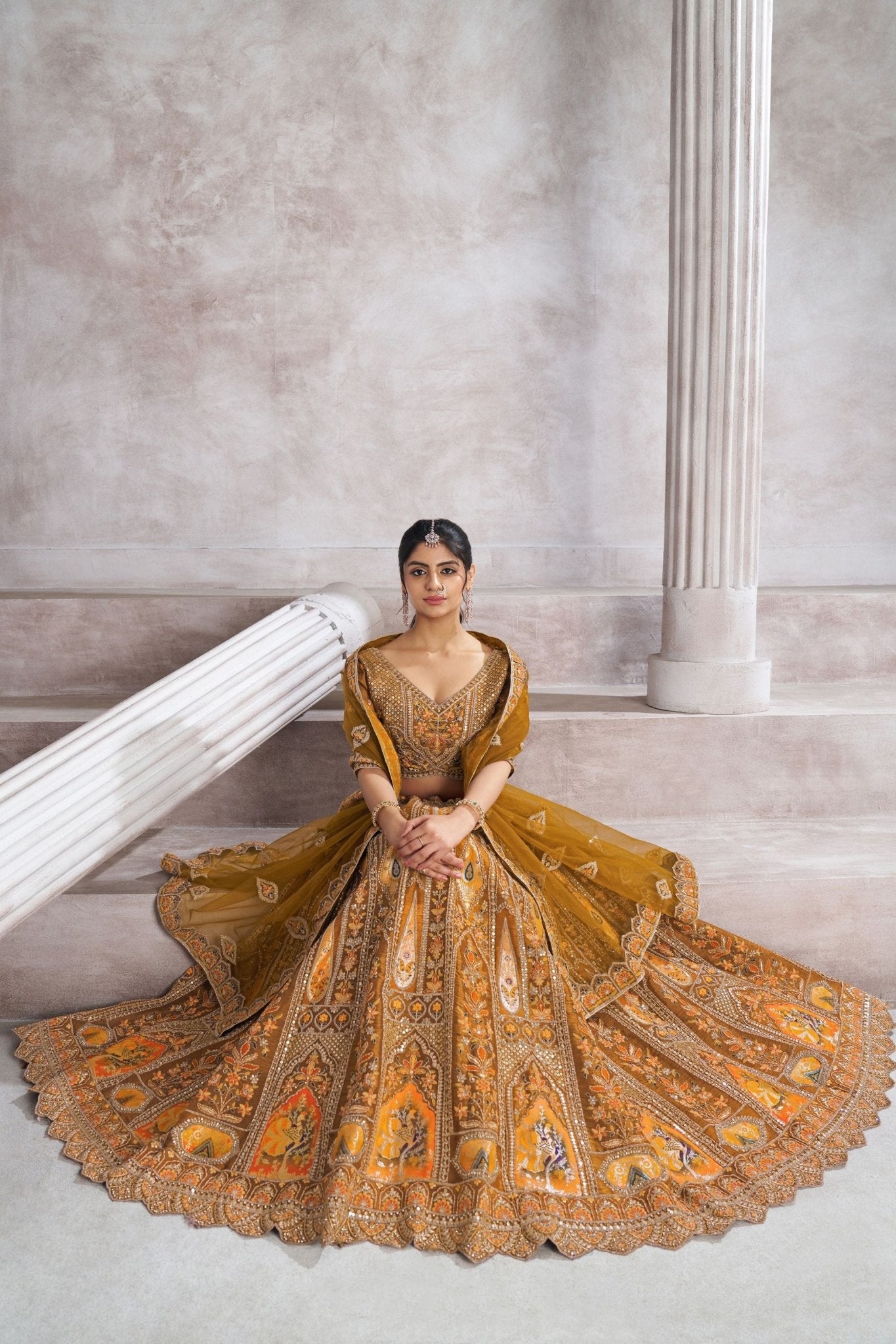 Mustard Yellow Embroidered Silk Lehenga Choli with Matching Net Dupatta - Mangaldeep NX