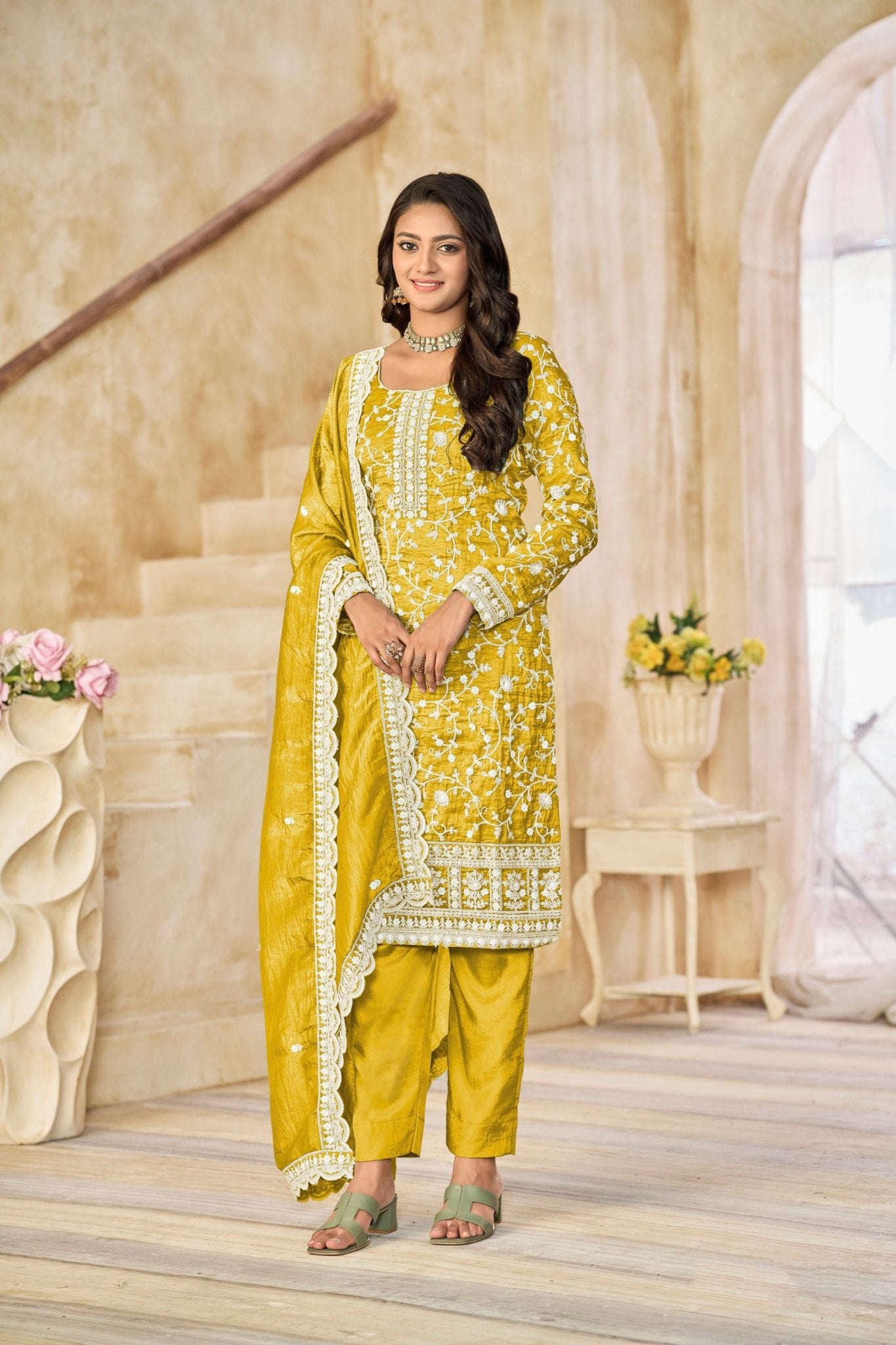 Mustard Yellow Embroidered Straight Salwar Suit with Matching Dupatta - Mangaldeep NX