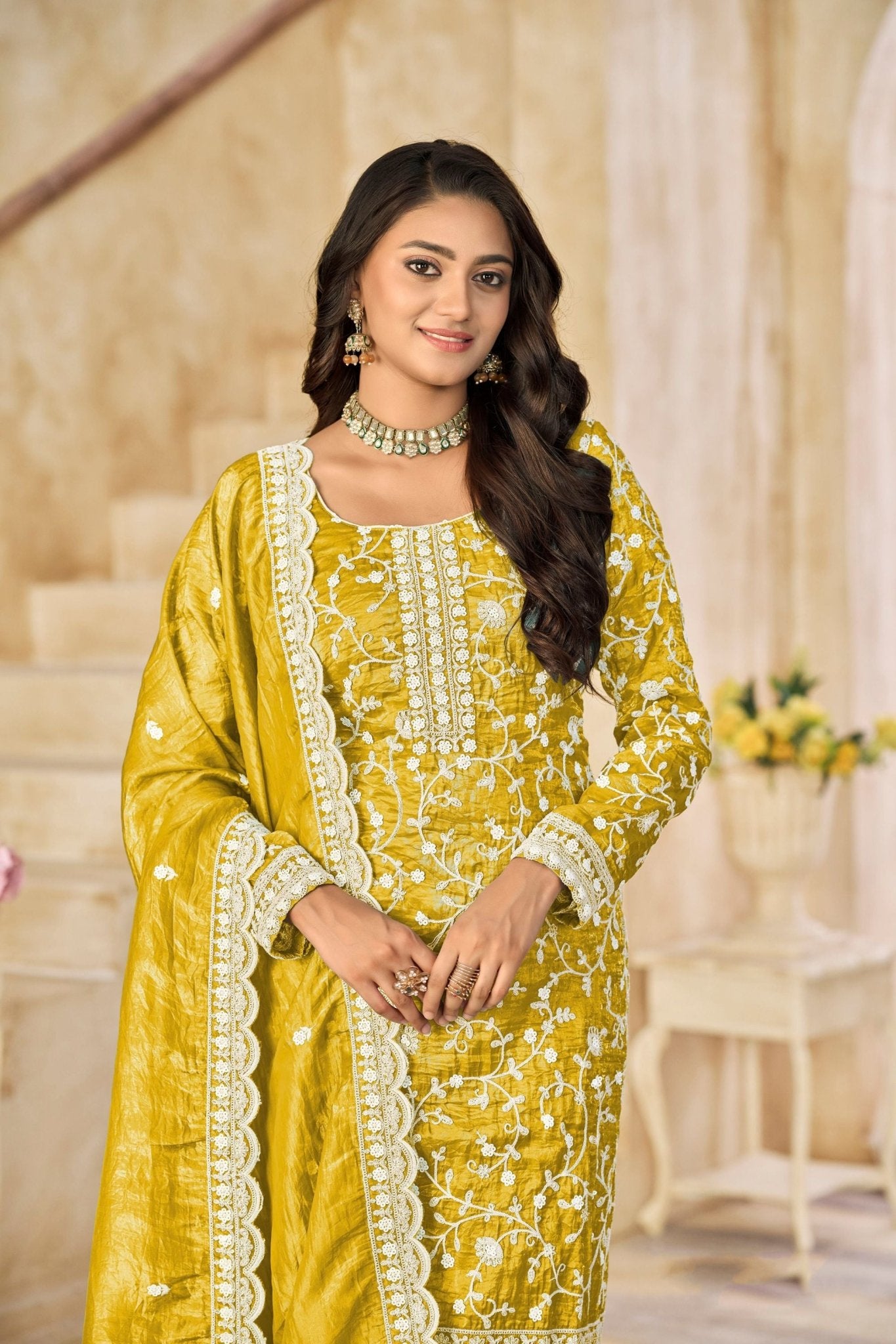 Mustard Yellow Embroidered Straight Salwar Suit with Matching Dupatta - Mangaldeep NX