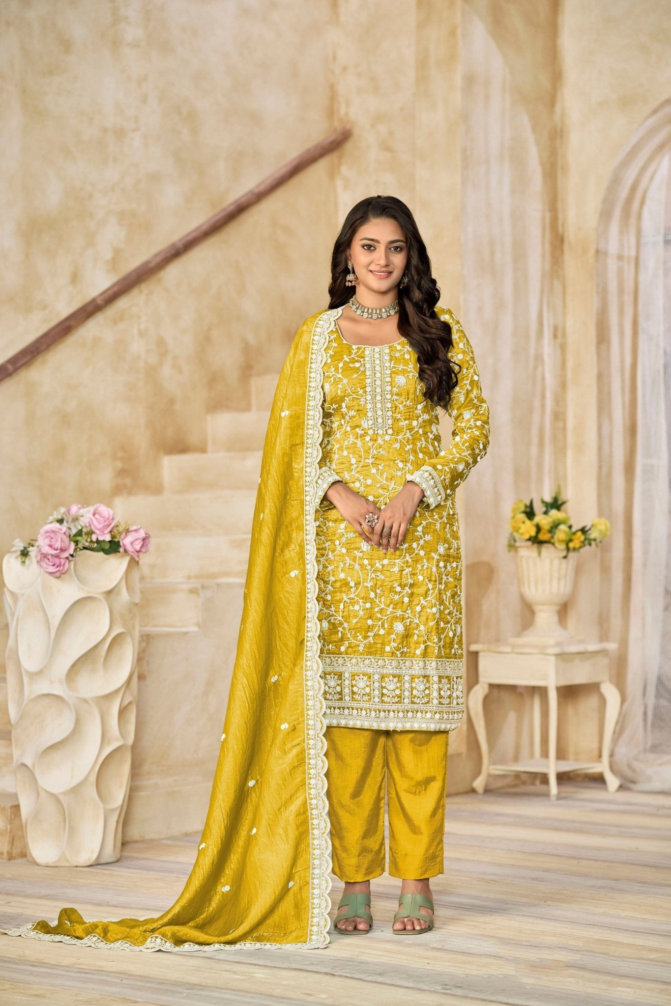 Mustard Yellow Embroidered Straight Salwar Suit with Matching Dupatta - Mangaldeep NX