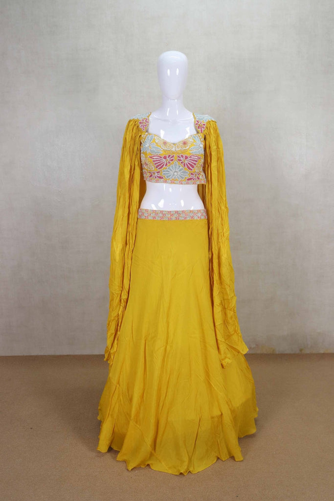 Mustard Yellow Lehenga Choli with Multicolor Embroidered Blouse - Mangaldeep NX