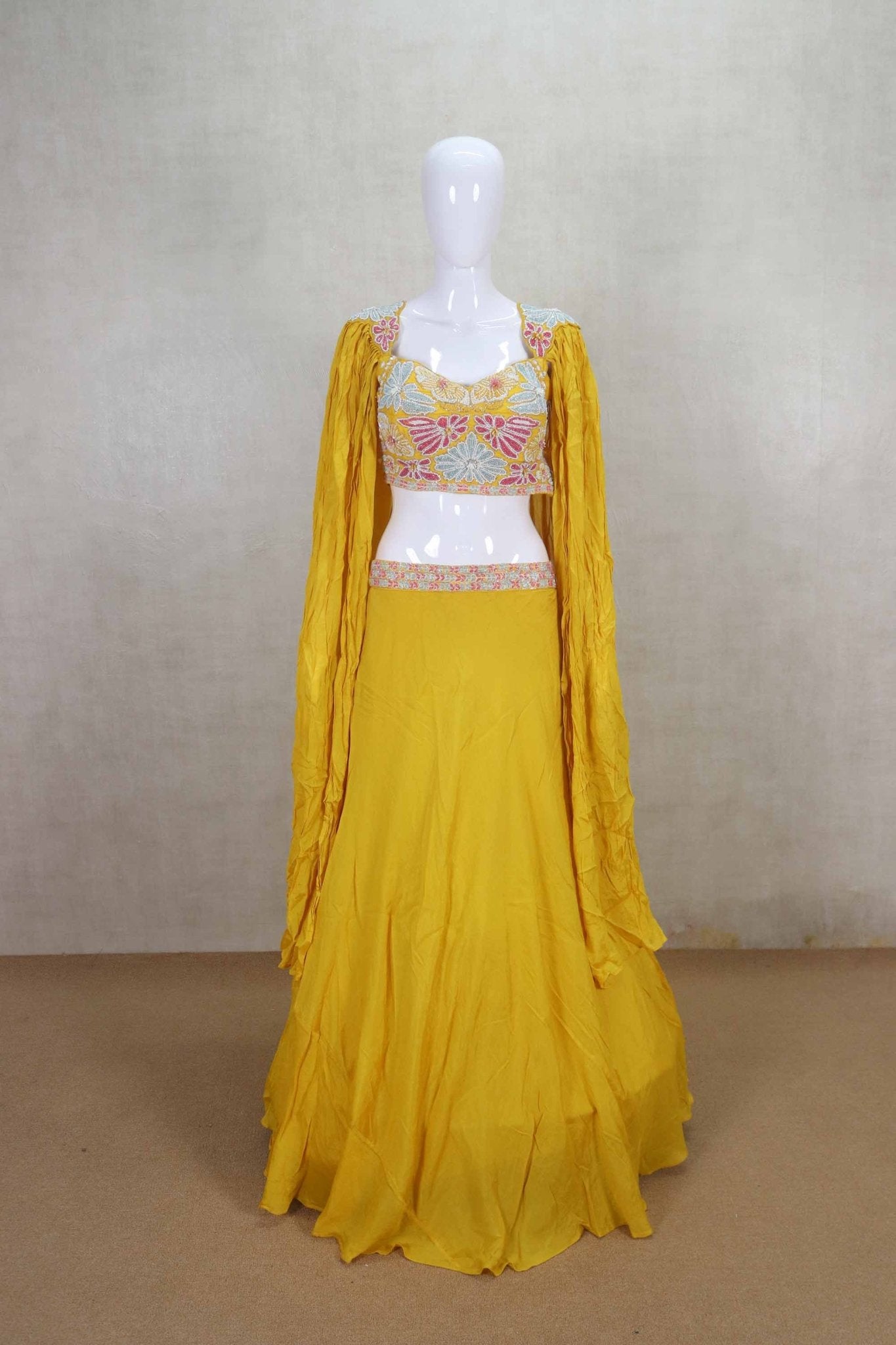 Mustard Yellow Lehenga Choli with Multicolor Embroidered Blouse - Mangaldeep NX