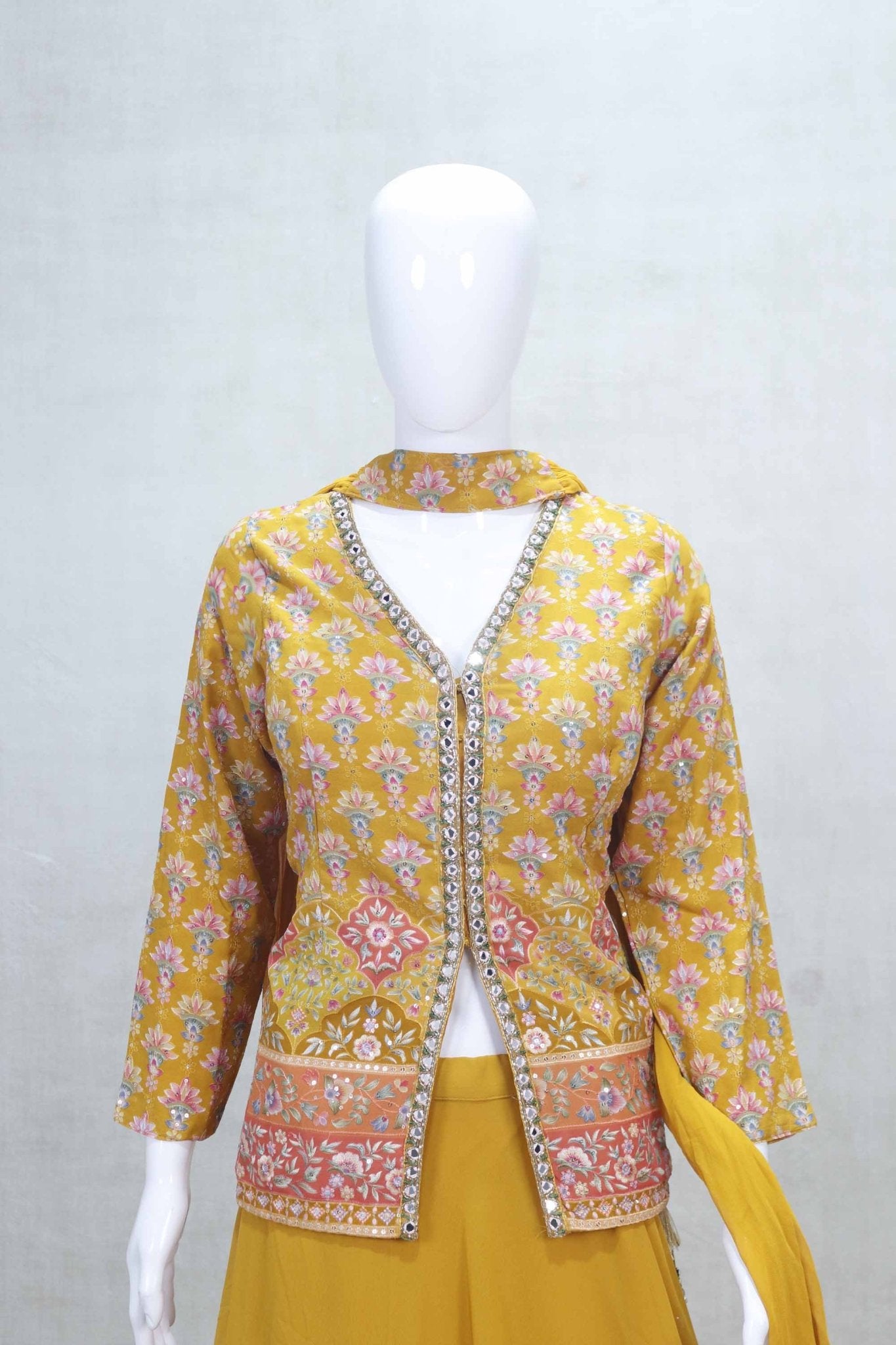 Mustard Yellow Lehenga with Mirror Work Floral Jacket and Dupatta - Mangaldeep NX