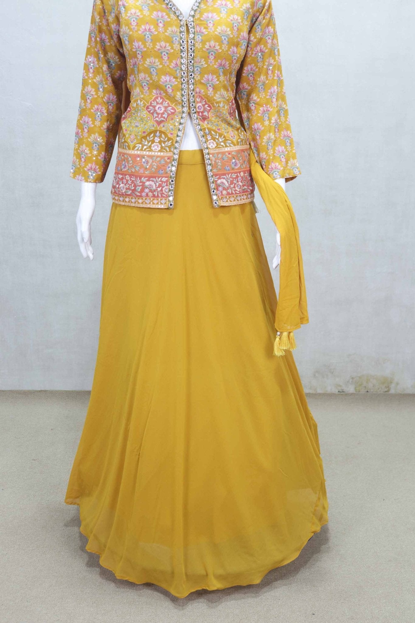 Mustard Yellow Lehenga with Mirror Work Floral Jacket and Dupatta - Mangaldeep NX