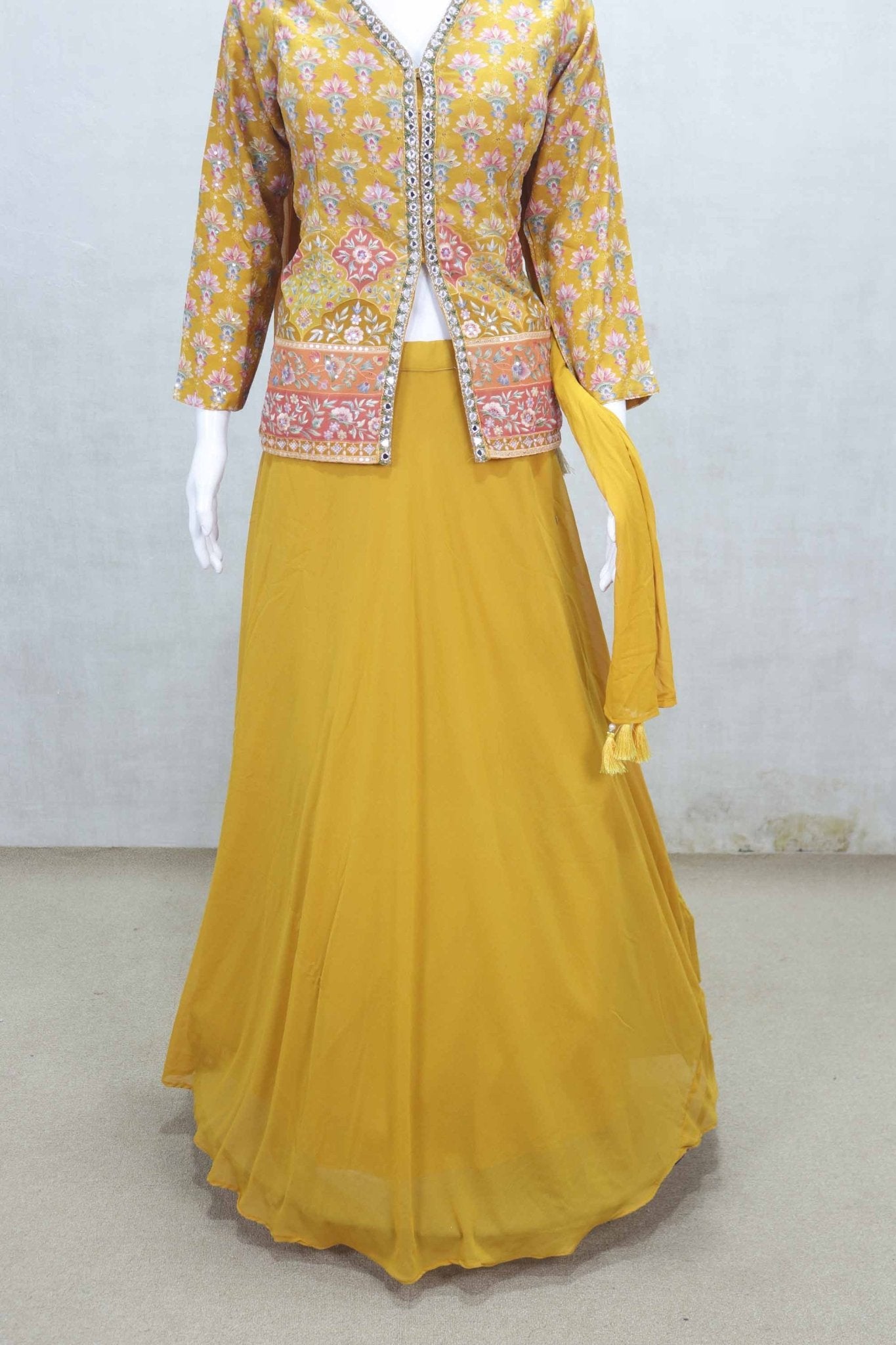 Mustard Yellow Lehenga with Mirror Work Floral Jacket and Dupatta - Mangaldeep NX