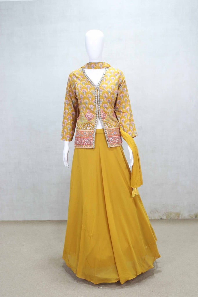 Mustard Yellow Lehenga with Mirror Work Floral Jacket and Dupatta - Mangaldeep NX
