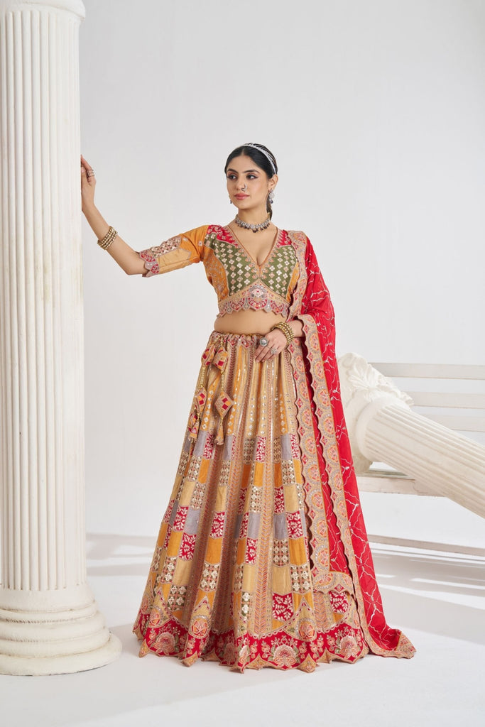Mustard Yellow Multi - Panel Embroidered Lehenga Choli with Red Dupatta - Mangaldeep NX
